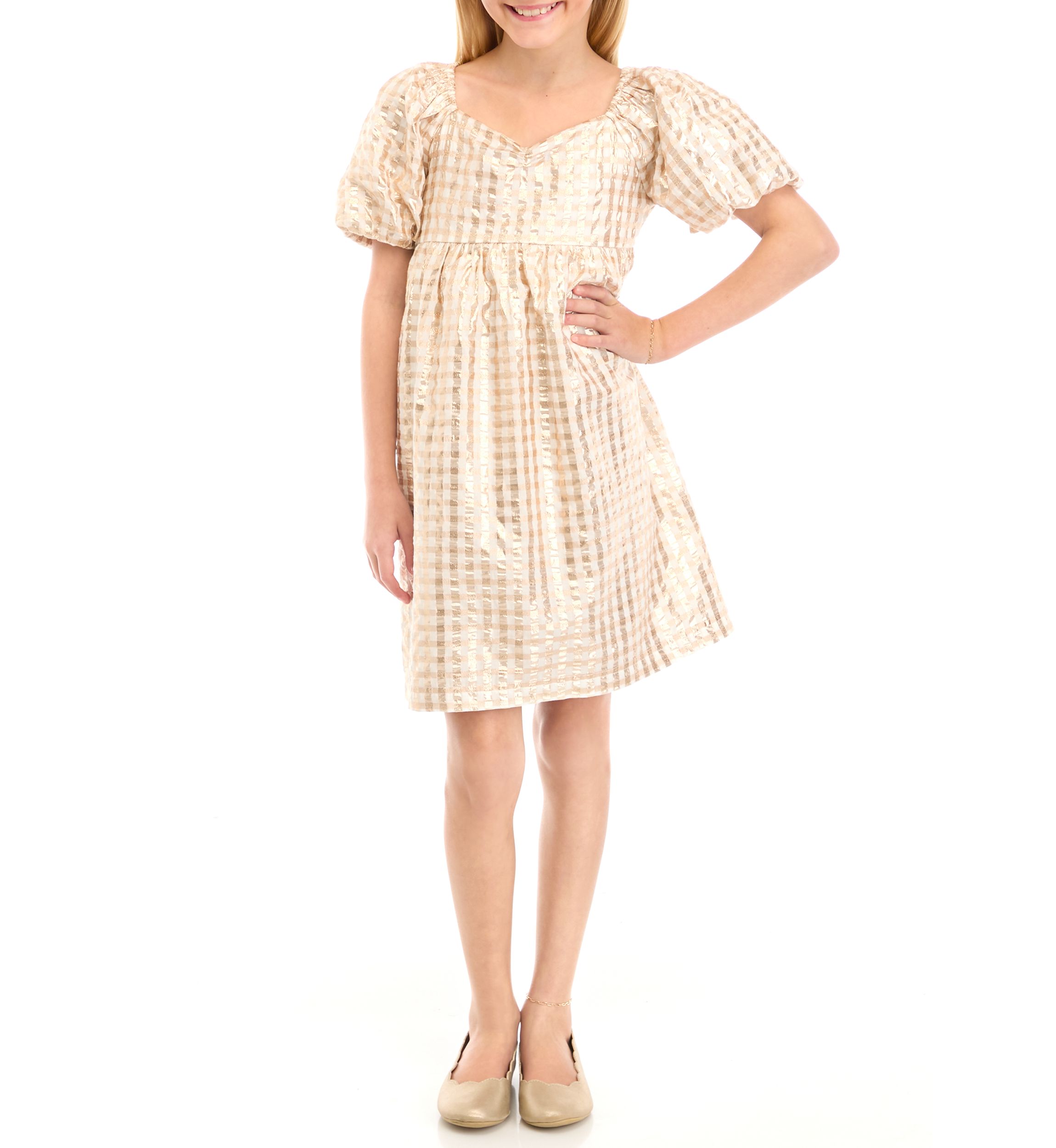 Girls 7-16 Puff Sleeve Checkered Party Dress