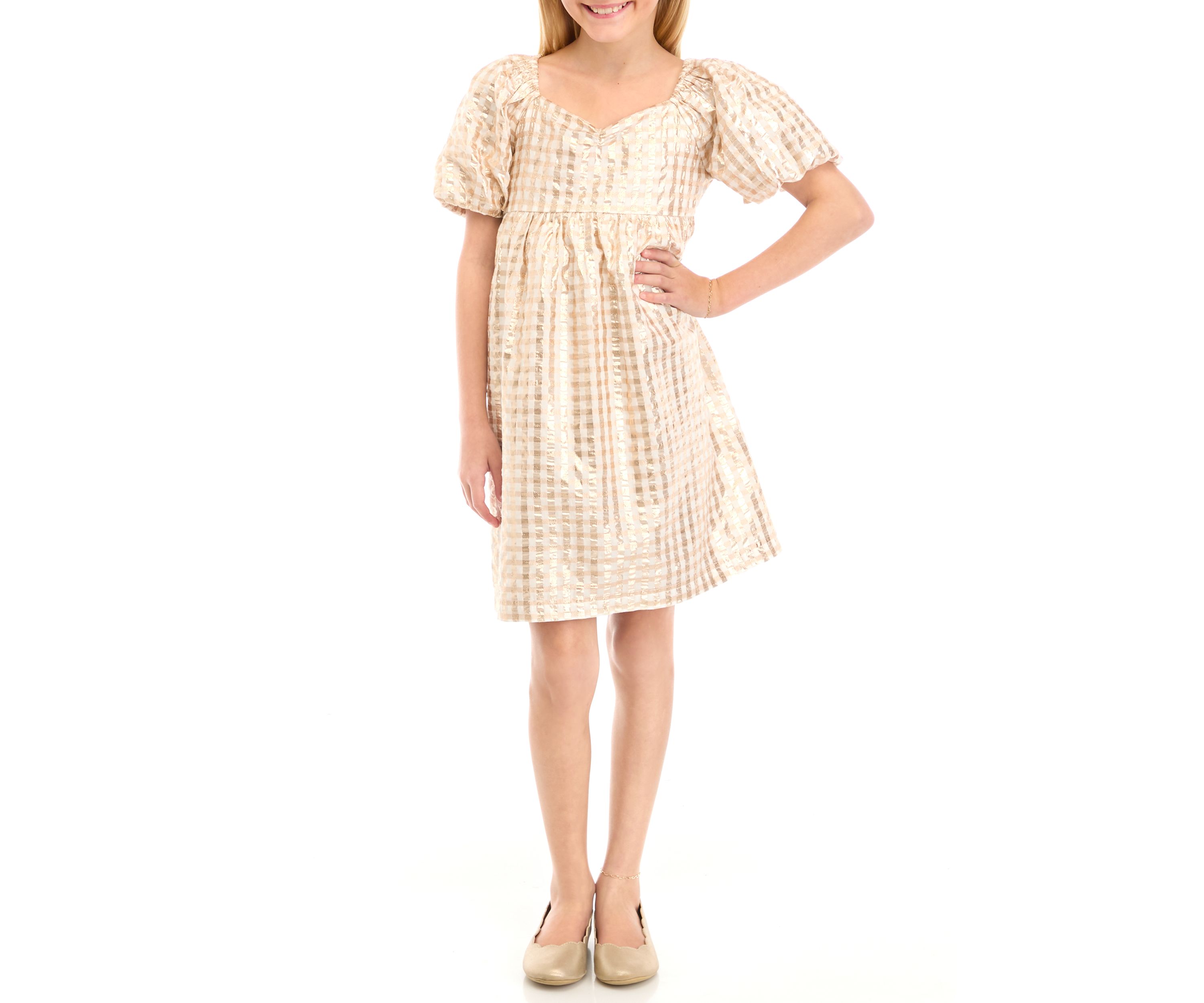 Girls 7-16 Puff Sleeve Checkered Party Dress
