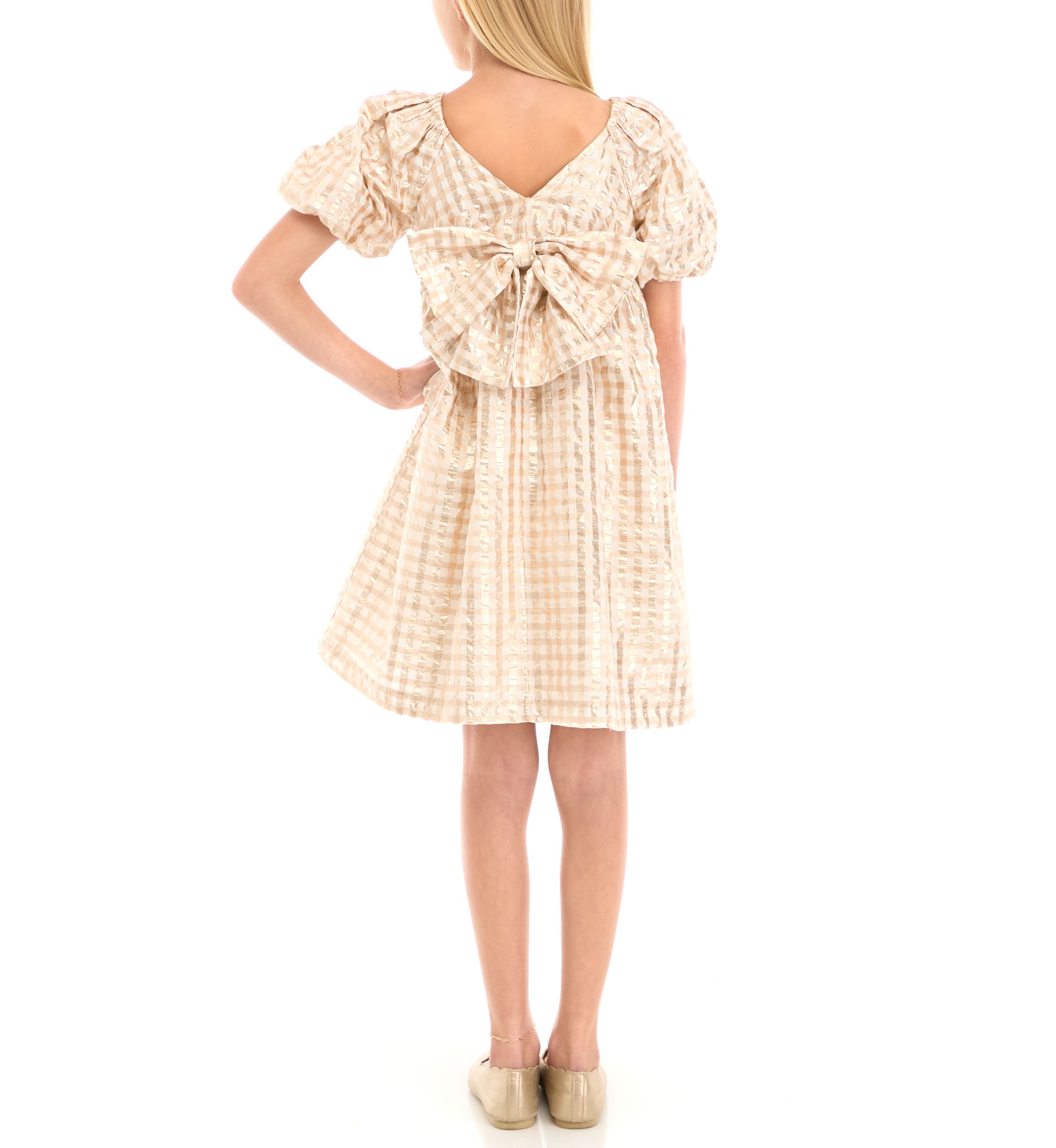 Girls 7-16 Puff Sleeve Checkered Party Dress