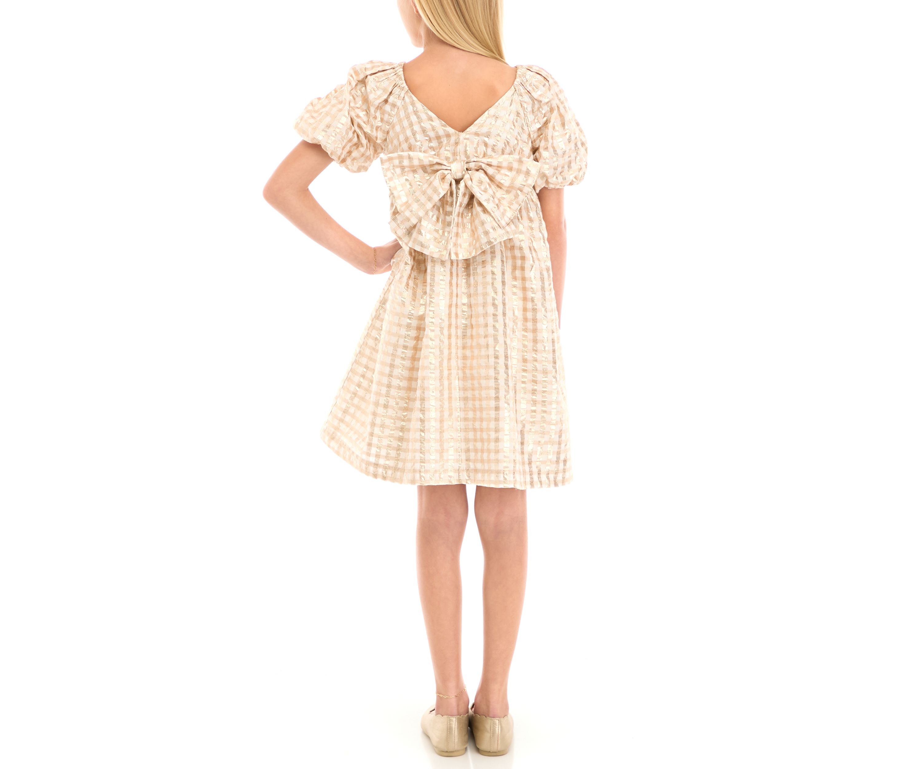 Girls 7-16 Puff Sleeve Checkered Party Dress