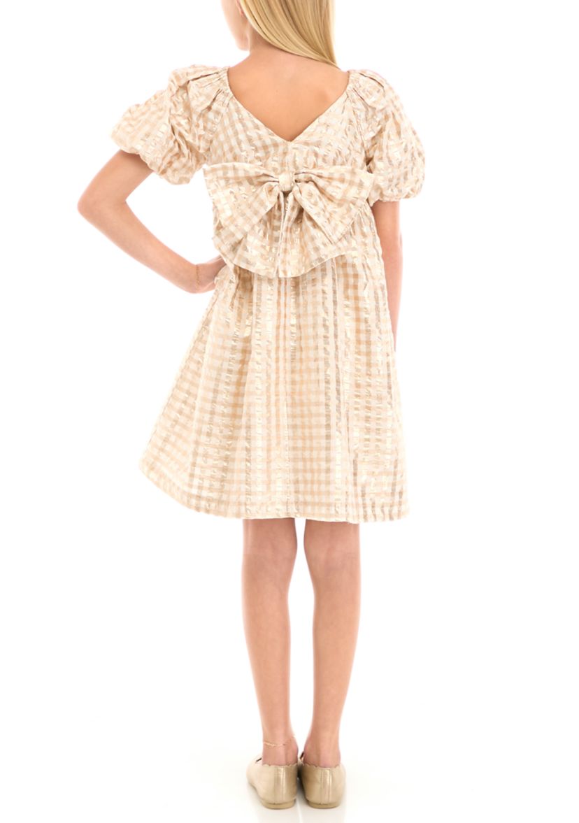 Girls 7-16 Puff Sleeve Checkered Party Dress