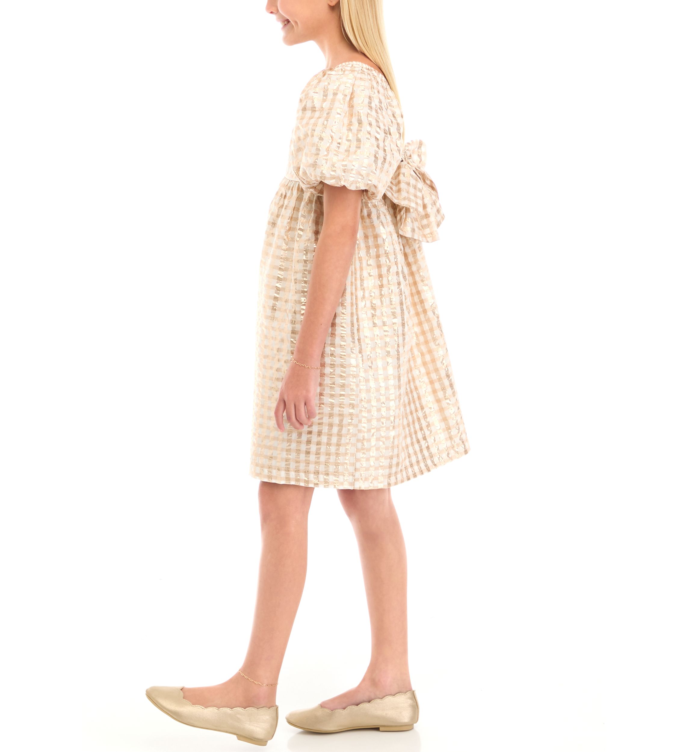 Girls 7-16 Puff Sleeve Checkered Party Dress