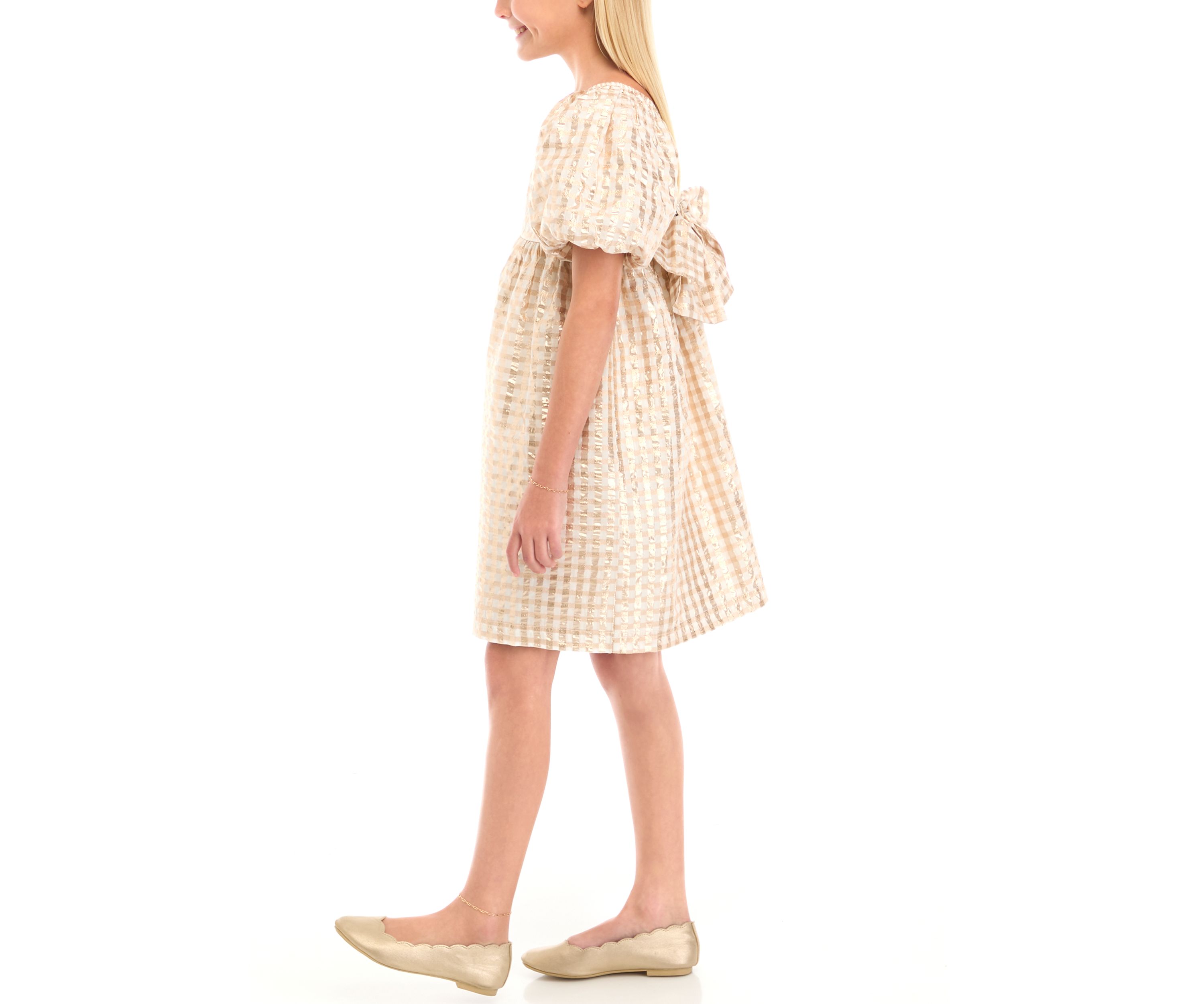 Girls 7-16 Puff Sleeve Checkered Party Dress
