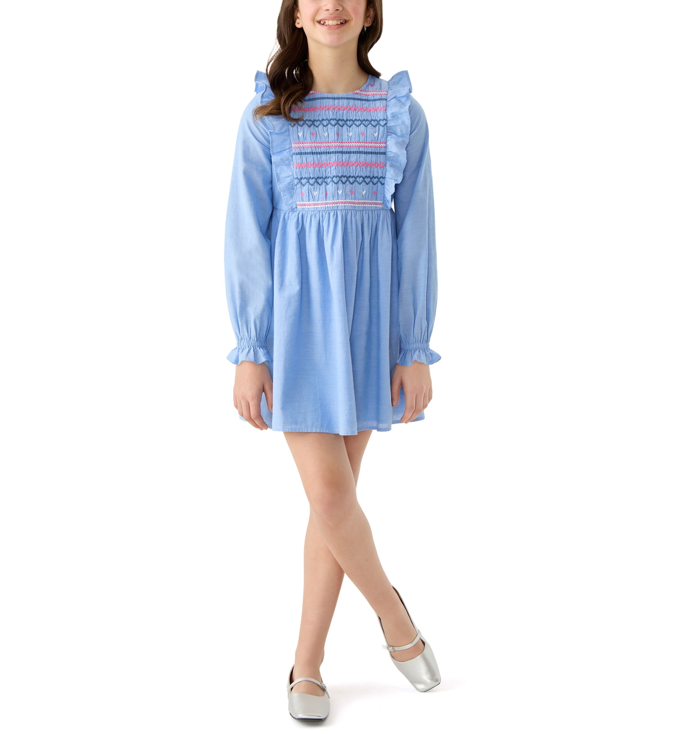 Girls 7-16 Long Sleeve Smocked Ruffle Dress