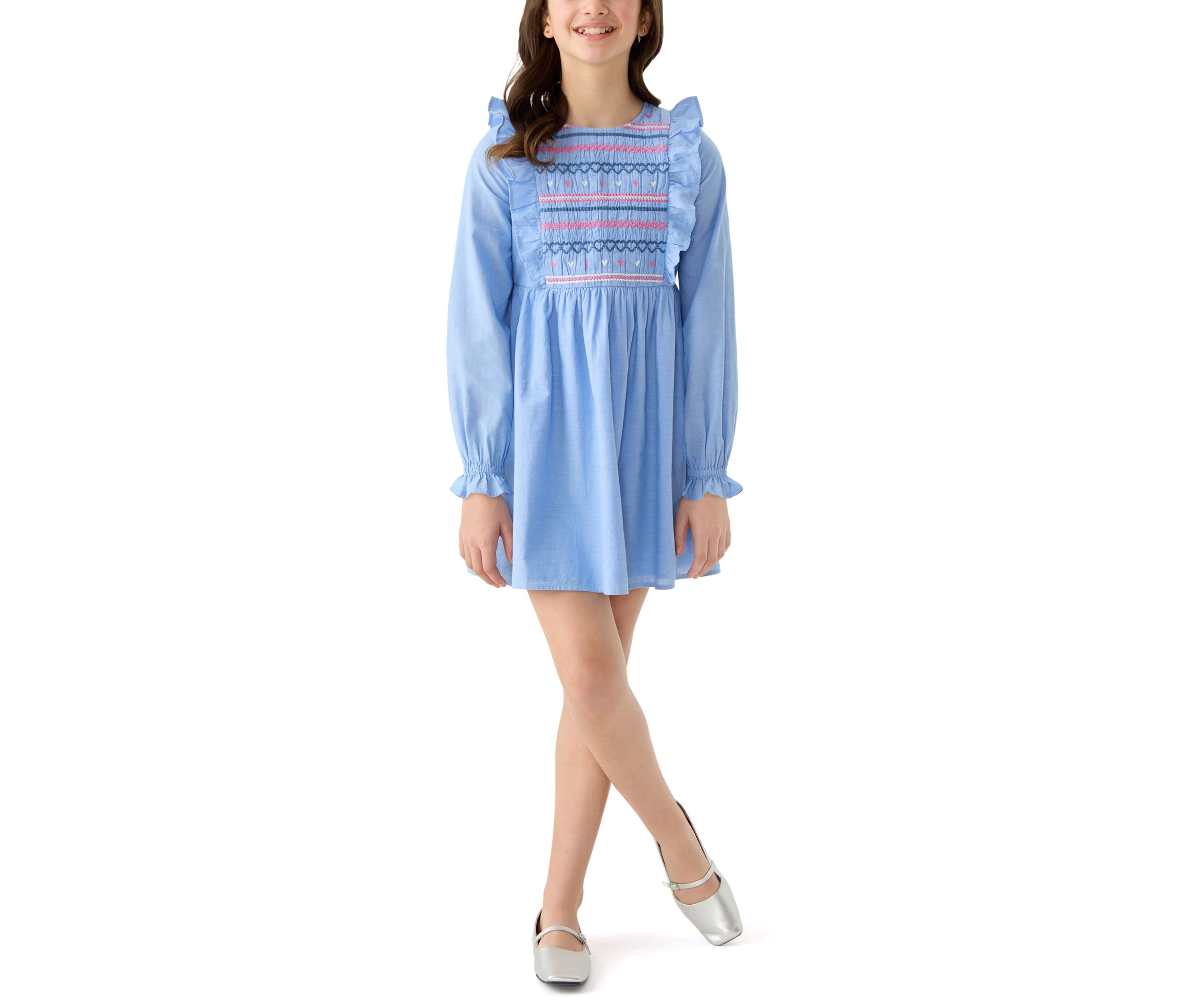 Girls 7-16 Long Sleeve Smocked Ruffle Dress