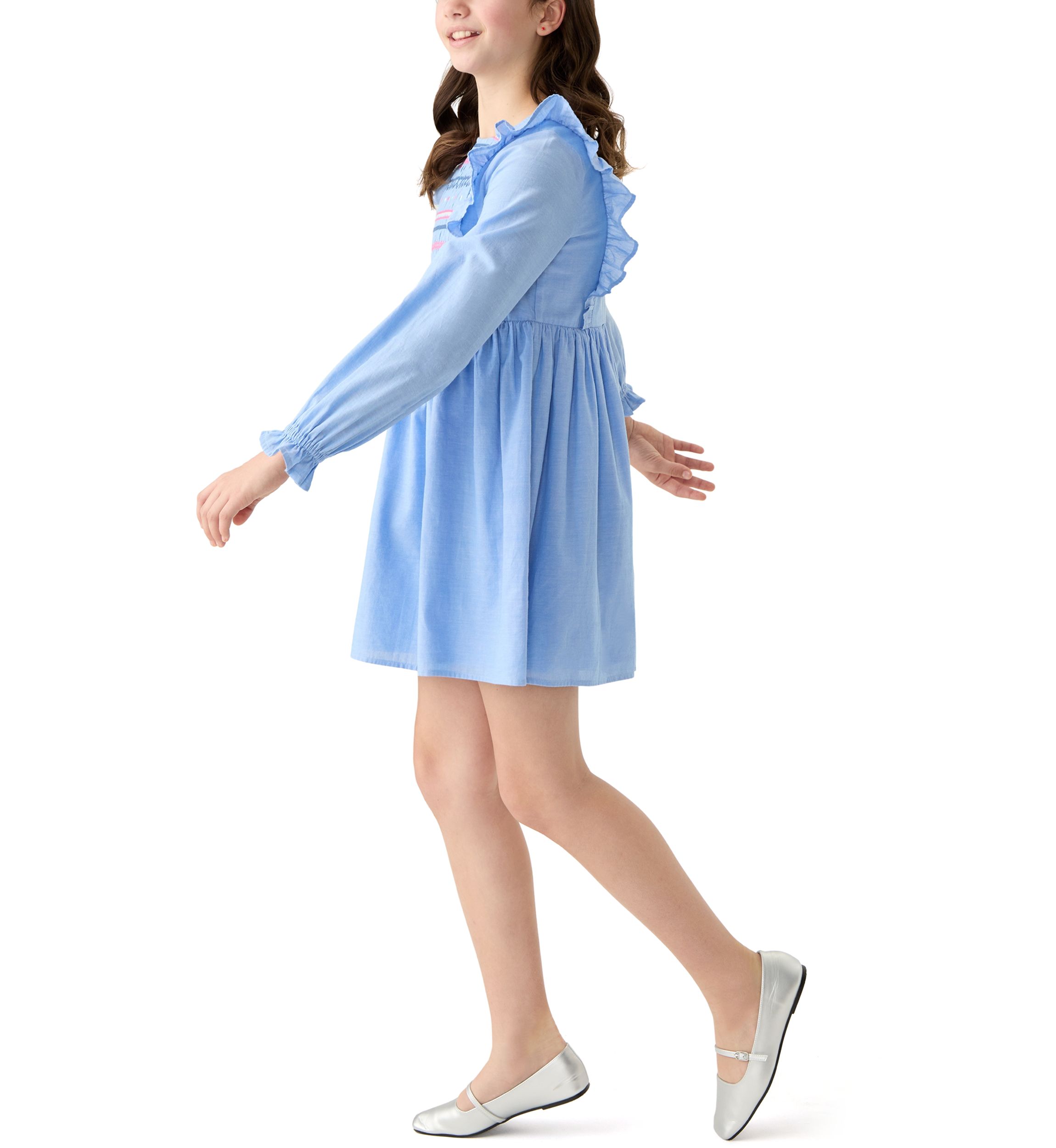 Girls 7-16 Long Sleeve Smocked Ruffle Dress