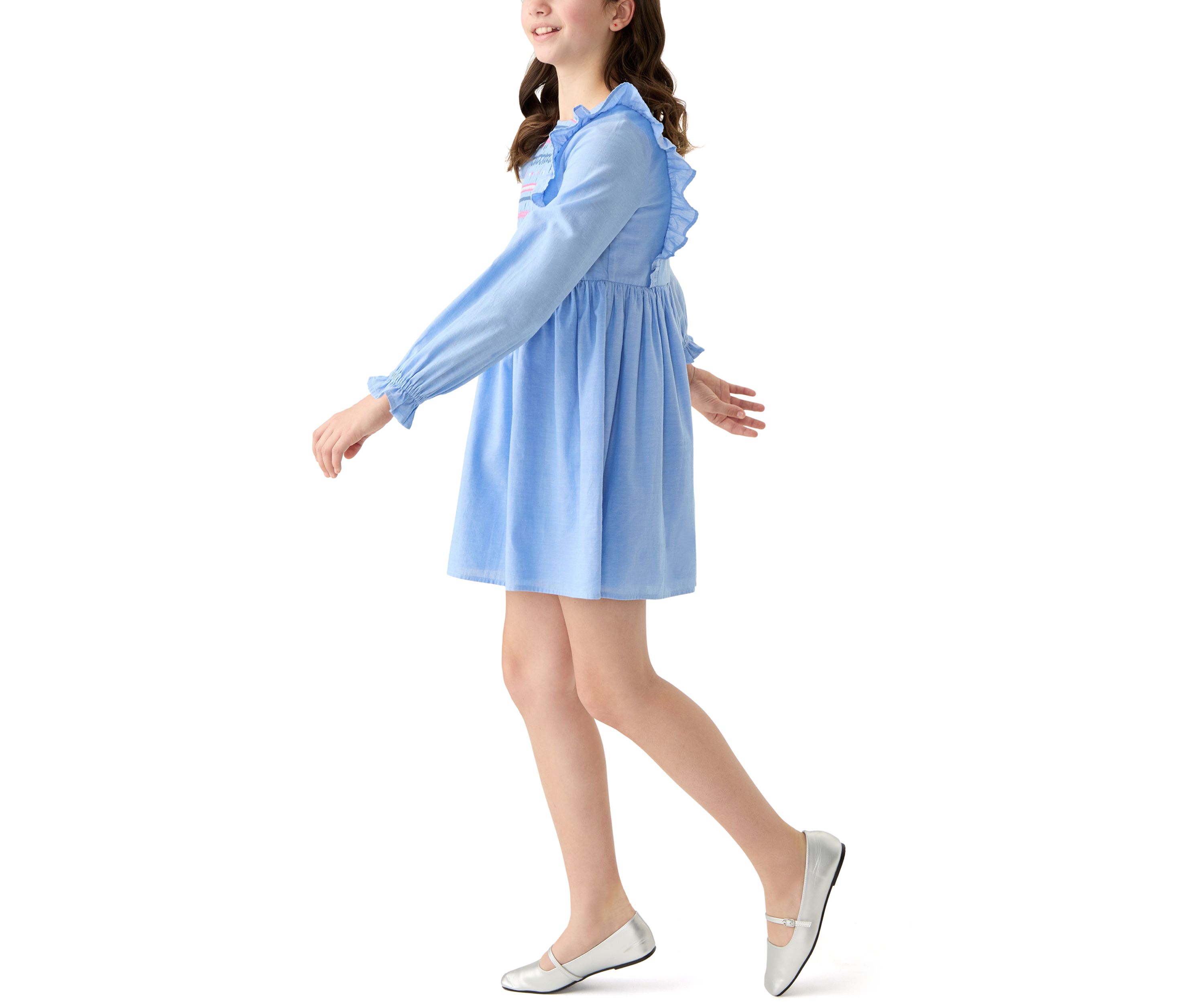 Girls 7-16 Long Sleeve Smocked Ruffle Dress