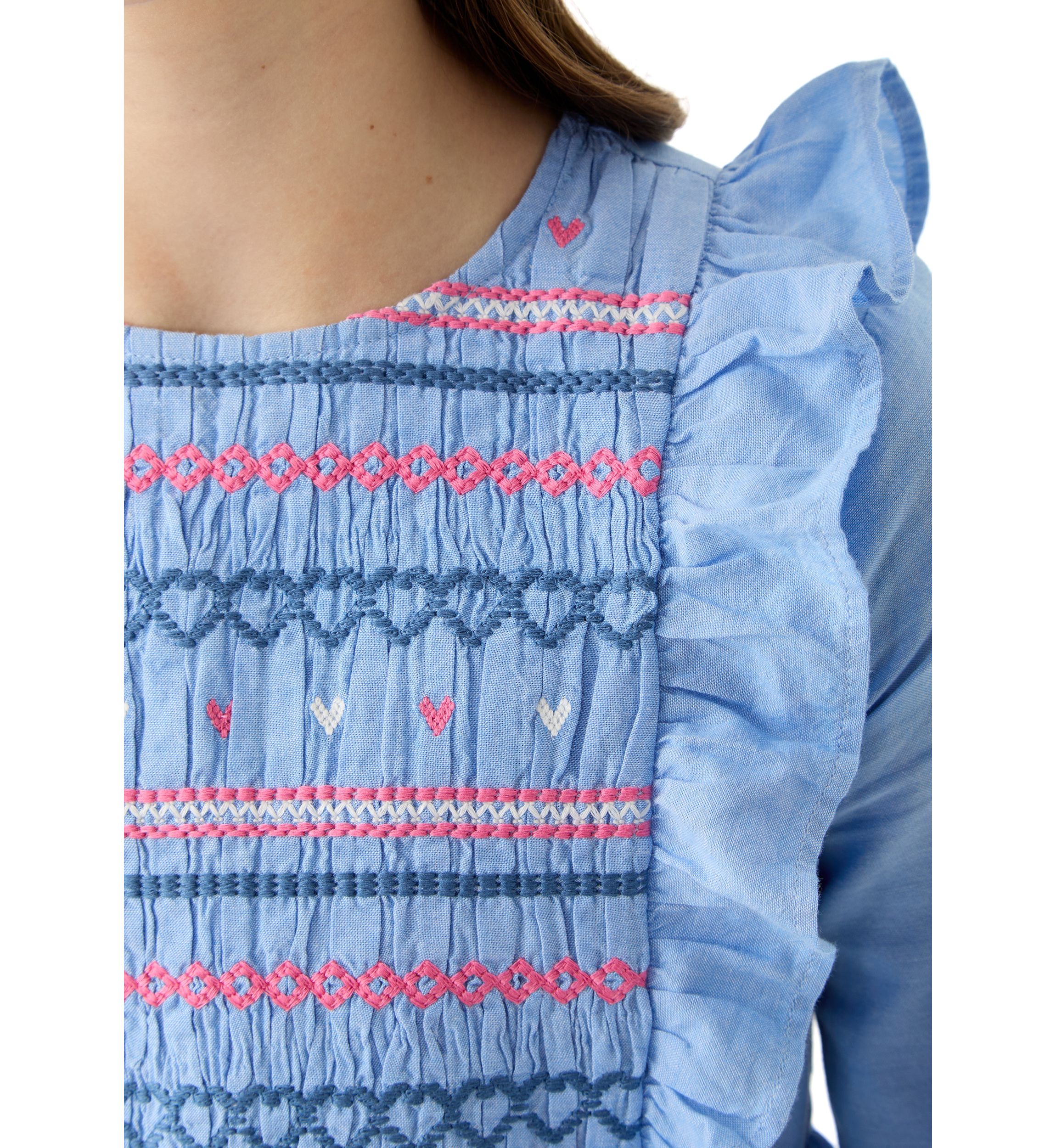 Girls 7-16 Long Sleeve Smocked Ruffle Dress