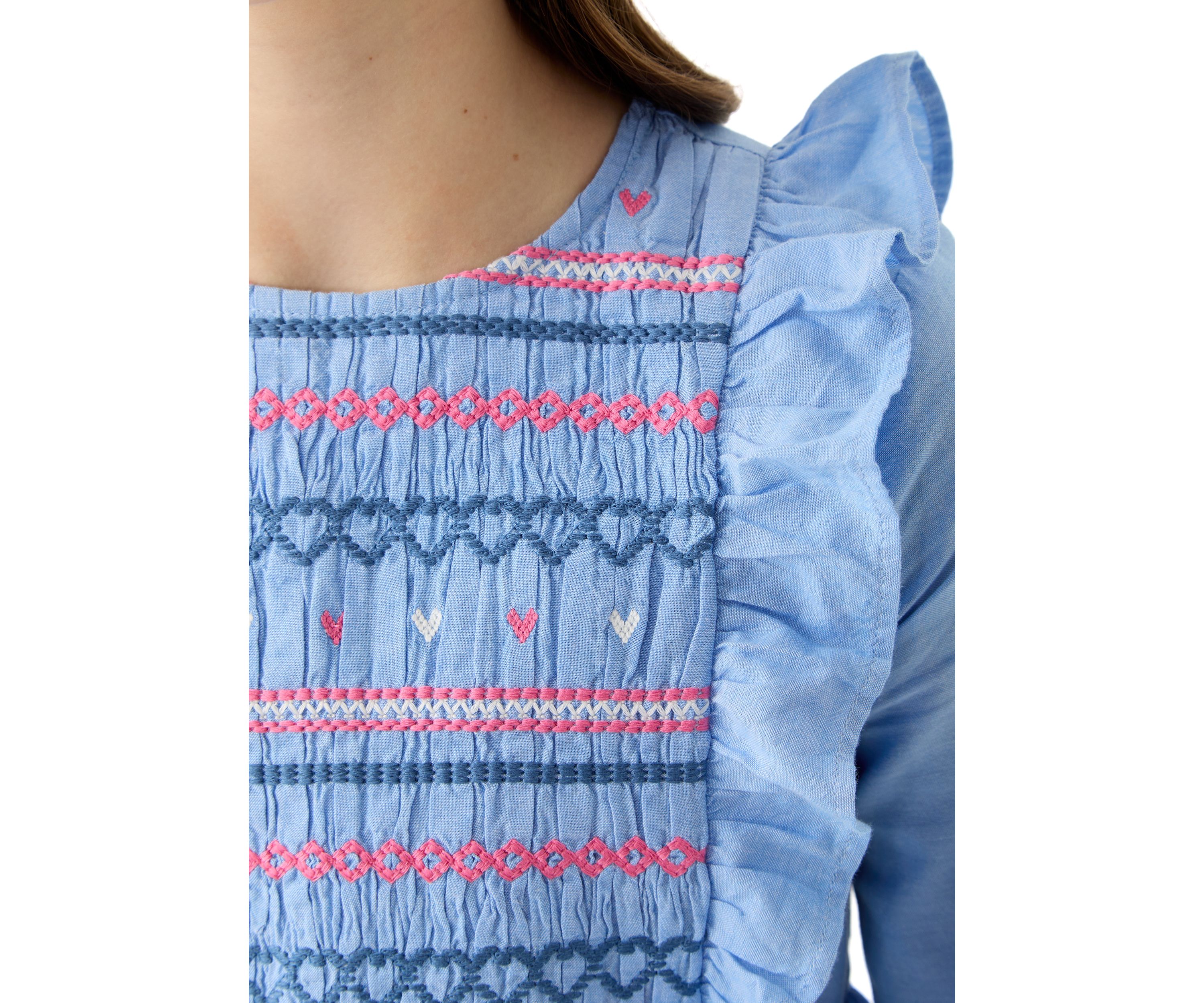 Girls 7-16 Long Sleeve Smocked Ruffle Dress