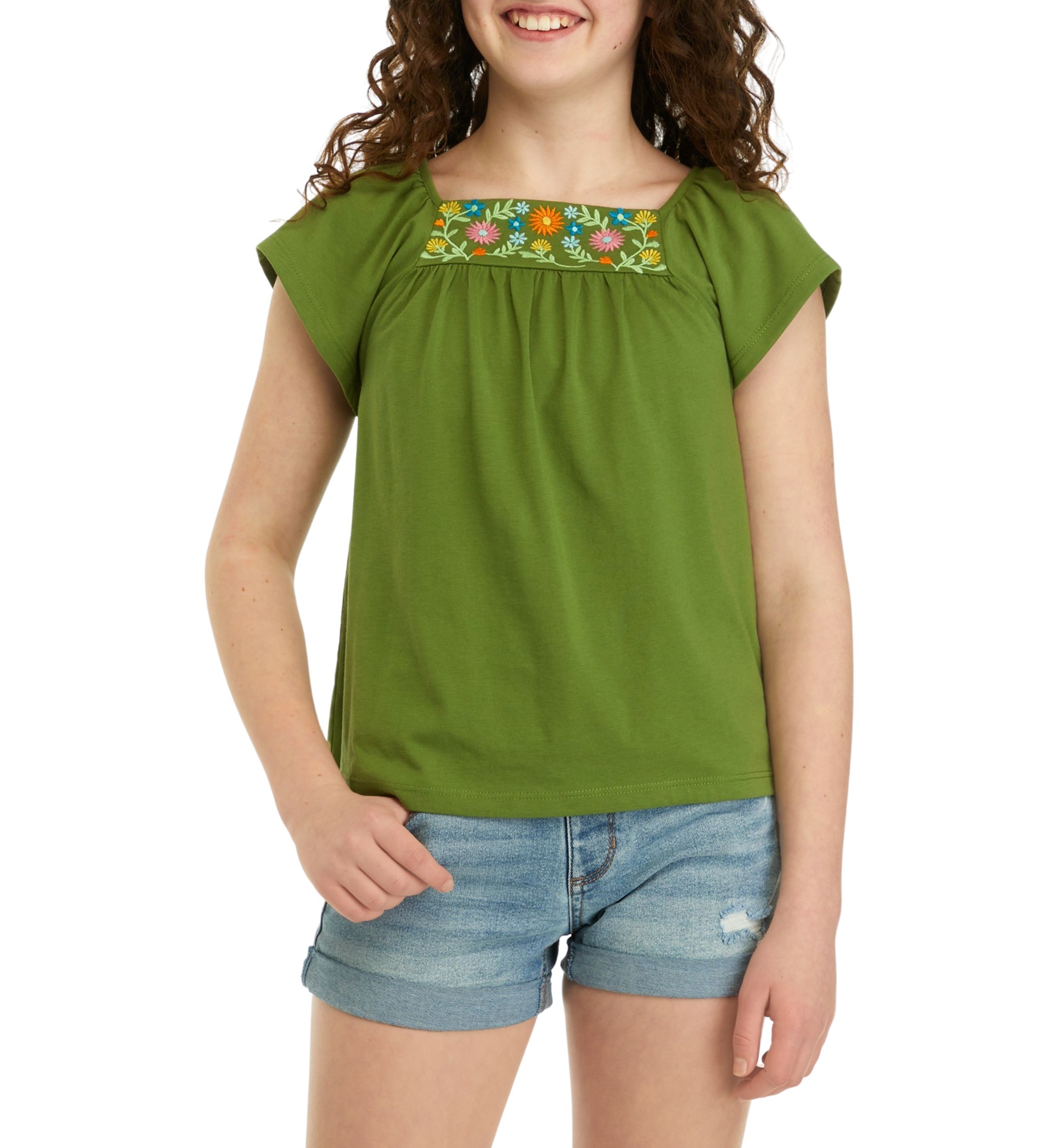 Girls 7-16 Flutter Sleeve Embroidered Top