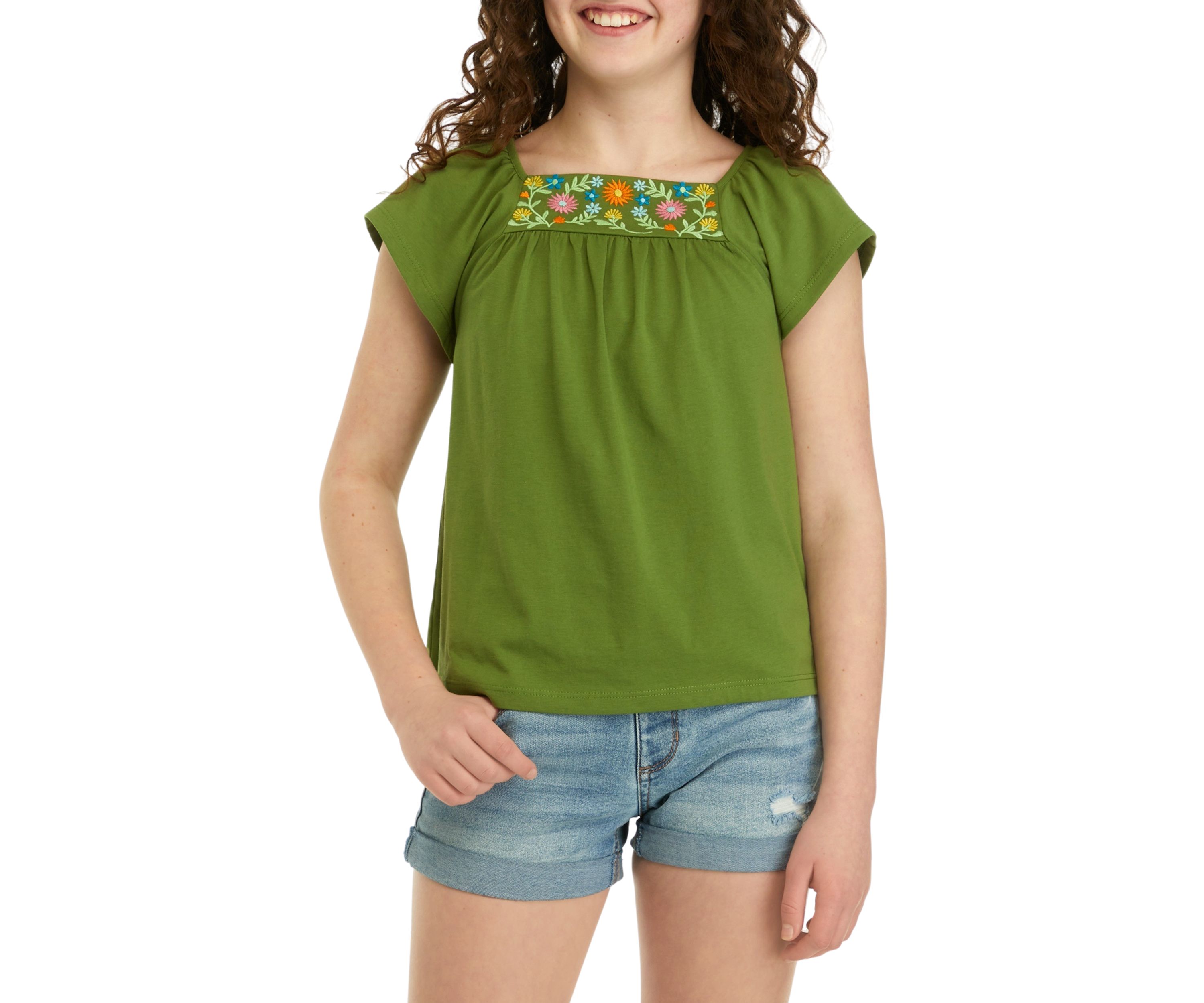 Girls 7-16 Flutter Sleeve Embroidered Top