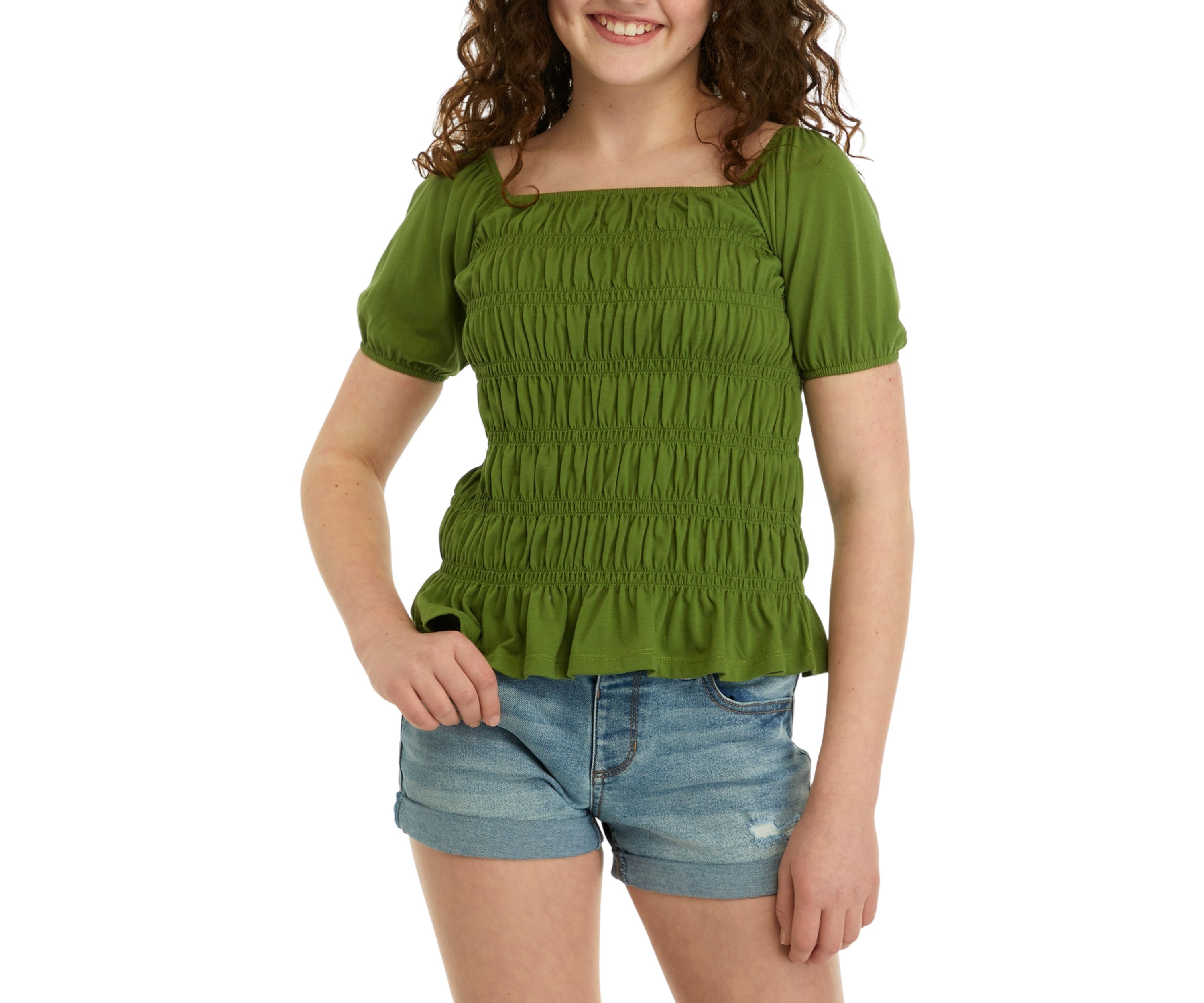 Girls 7-16 Short Sleeve Smocked Knit Top