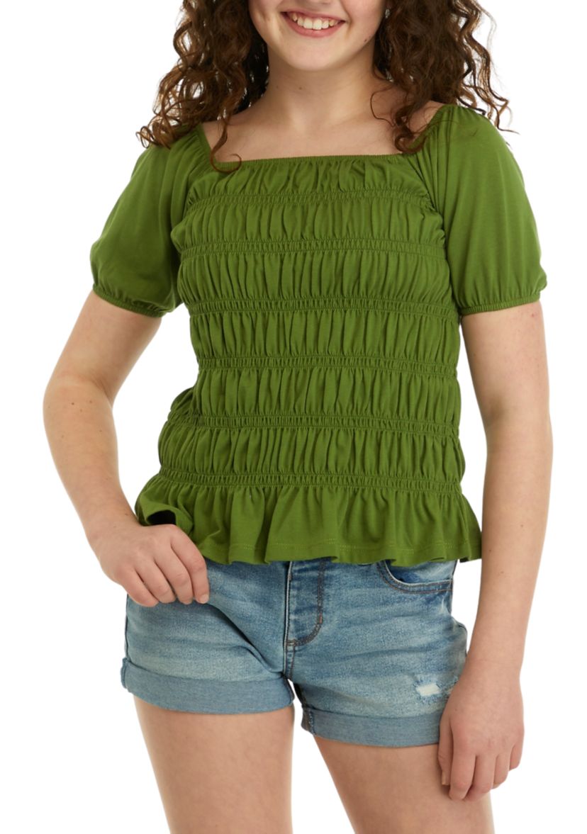Girls 7-16 Short Sleeve Smocked Knit Top