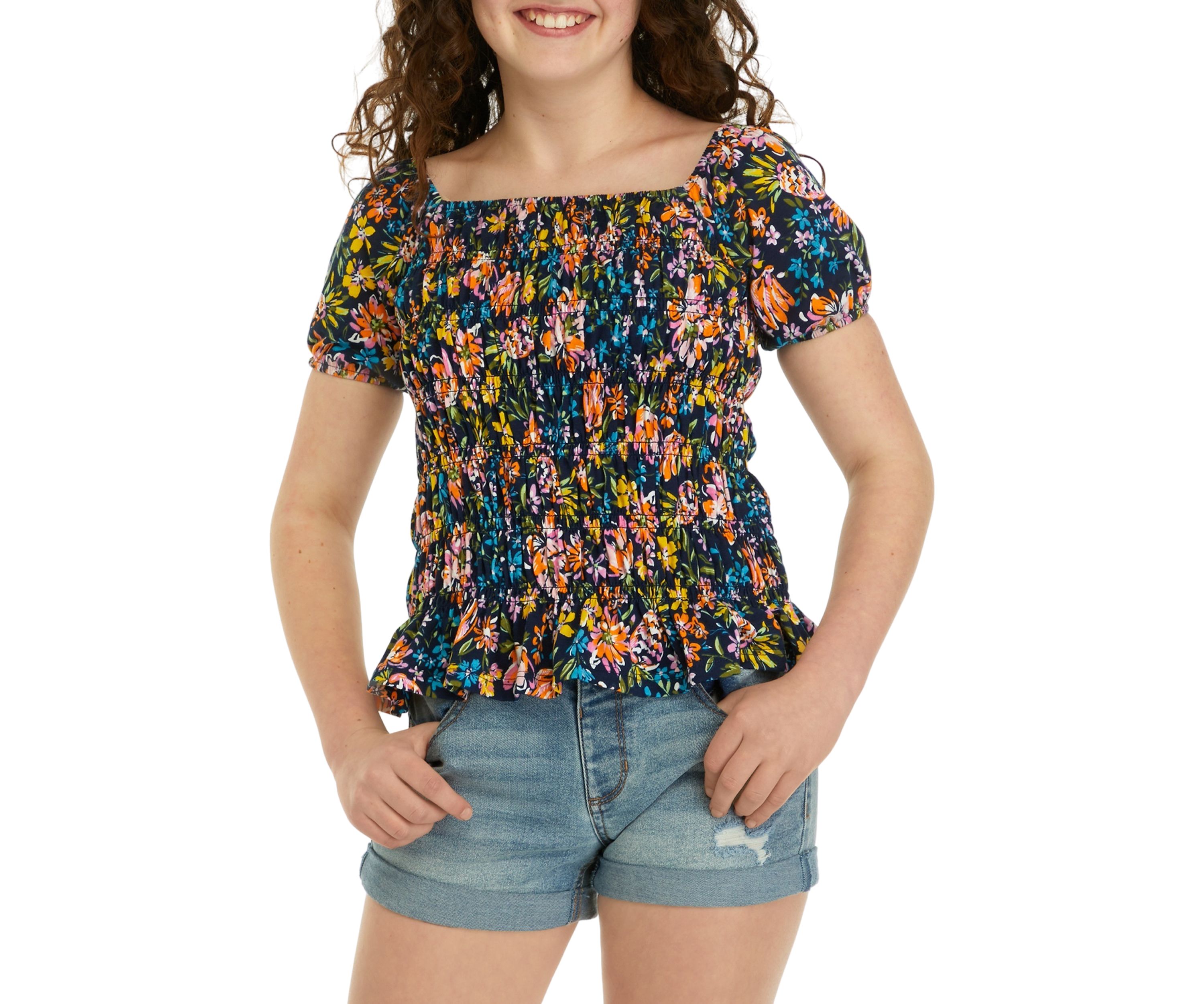 Girls 7-16 Short Sleeve Smocked Printed Knit Top