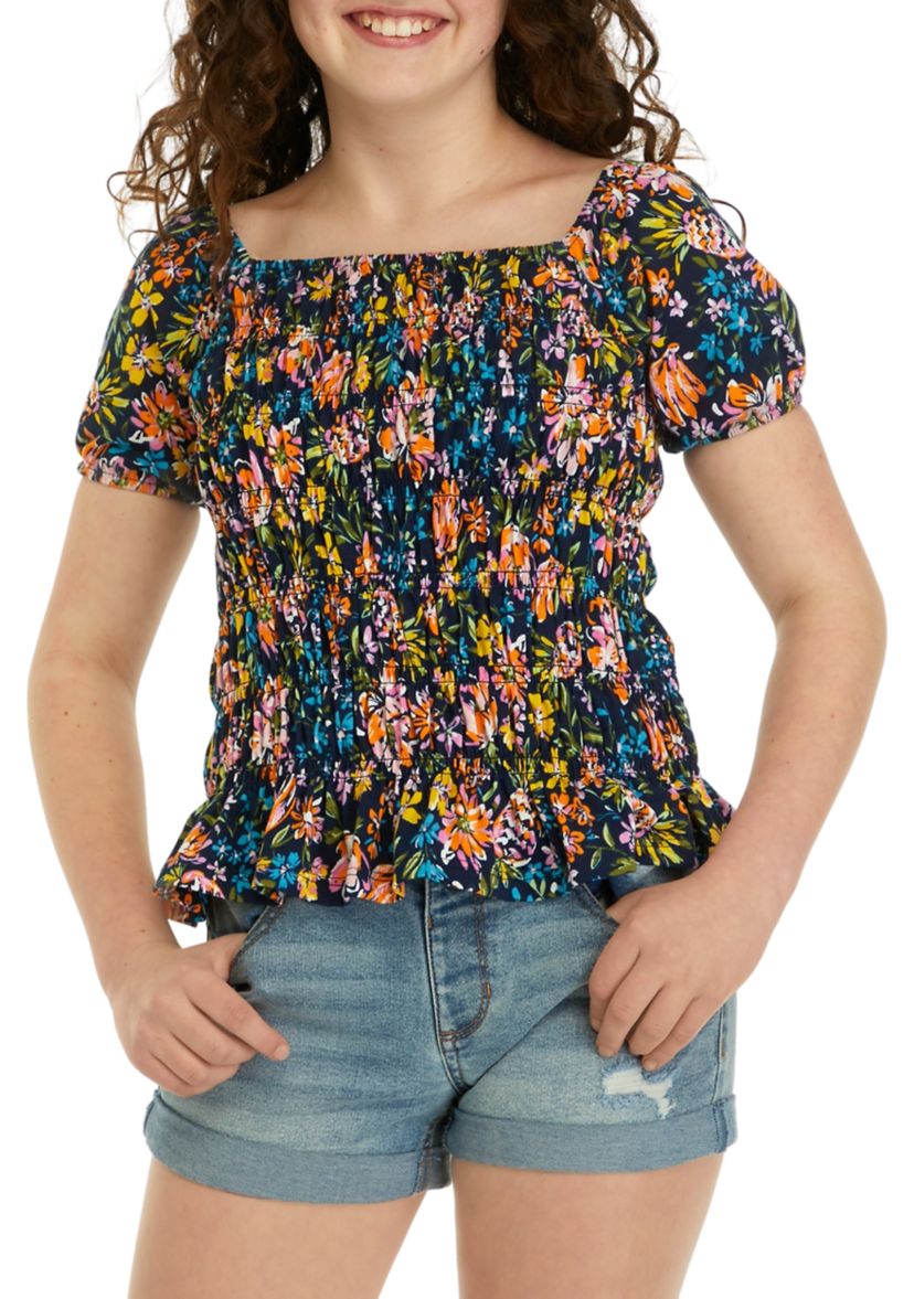 Girls 7-16 Short Sleeve Smocked Printed Knit Top