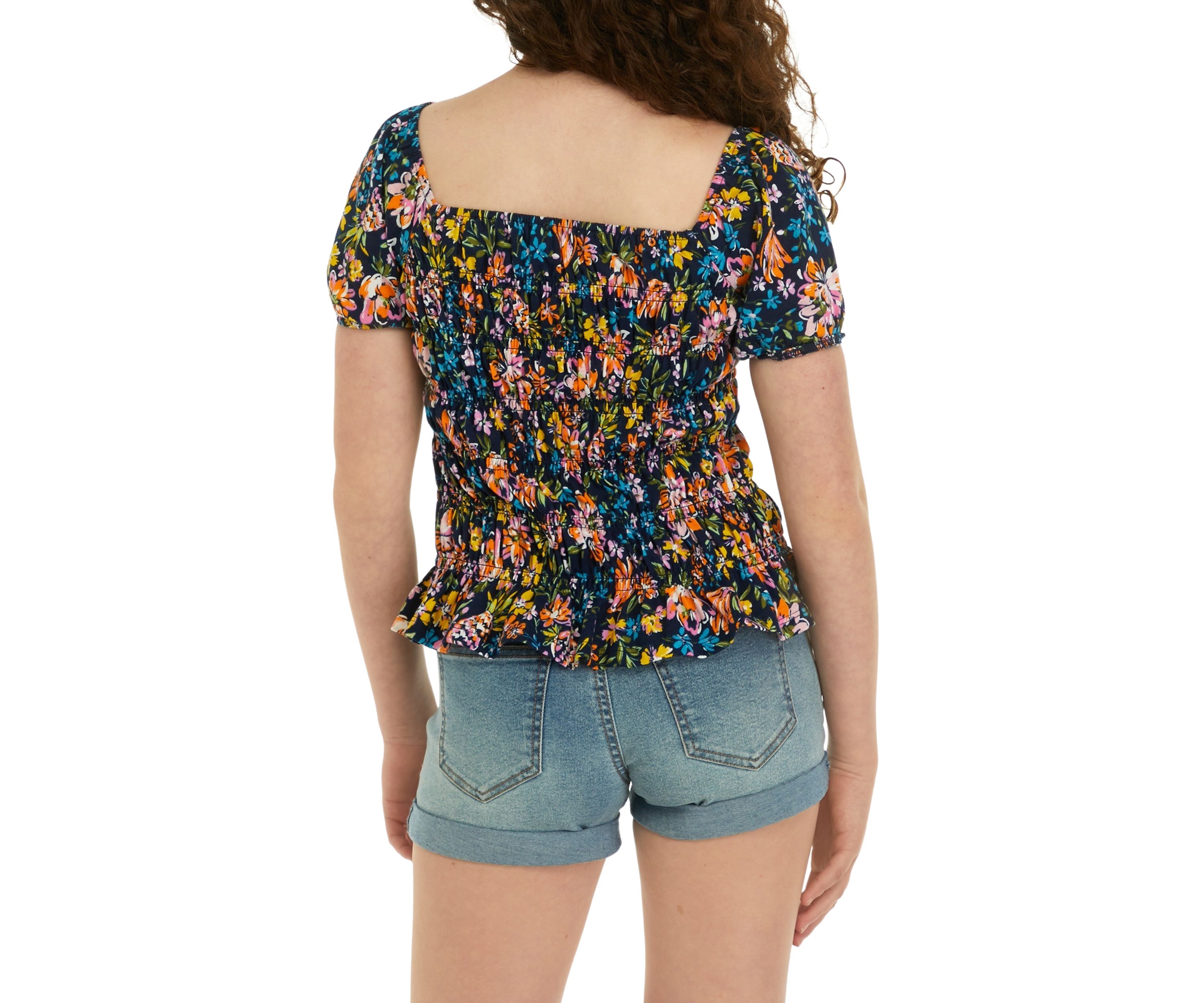 Girls 7-16 Short Sleeve Smocked Printed Knit Top