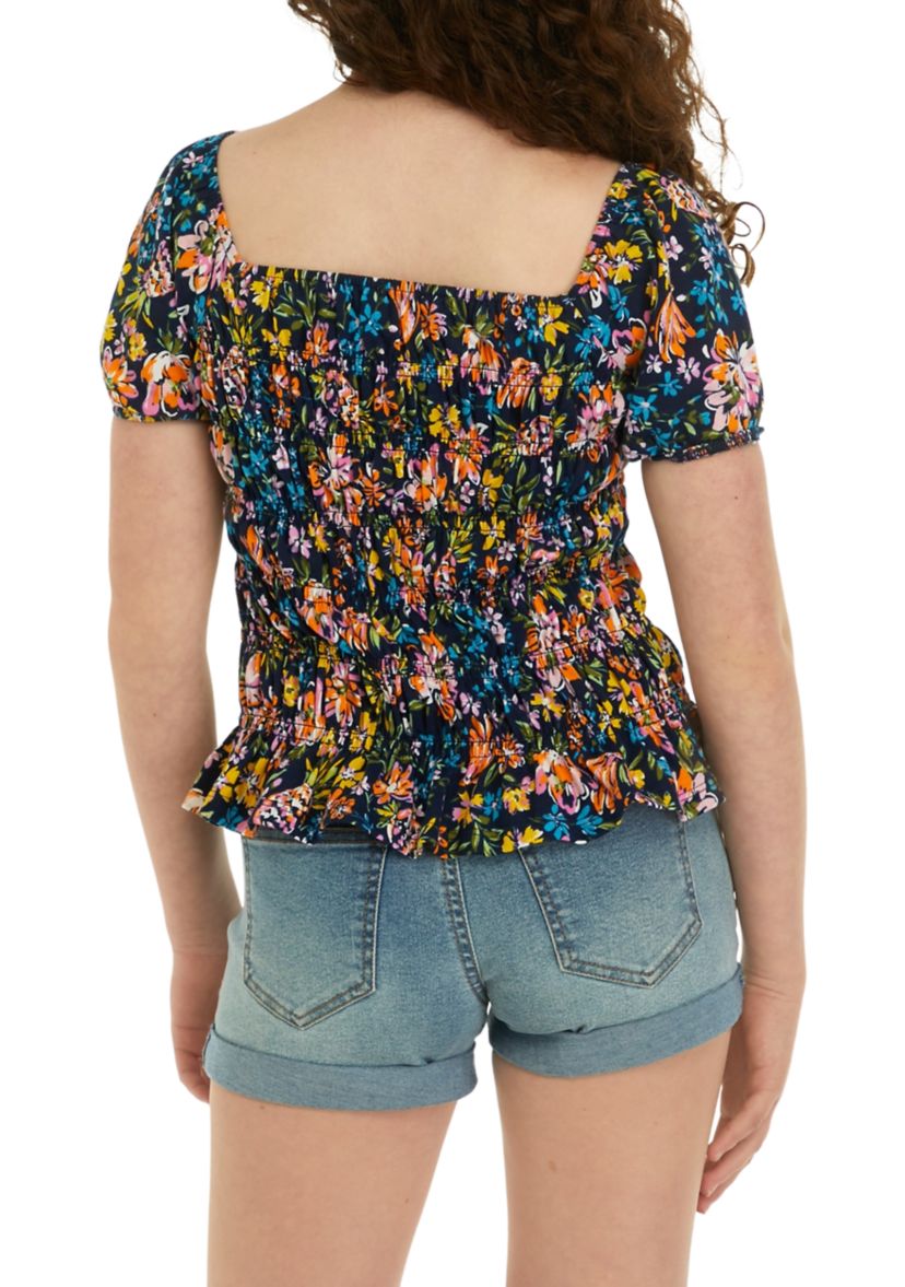 Girls 7-16 Short Sleeve Smocked Printed Knit Top