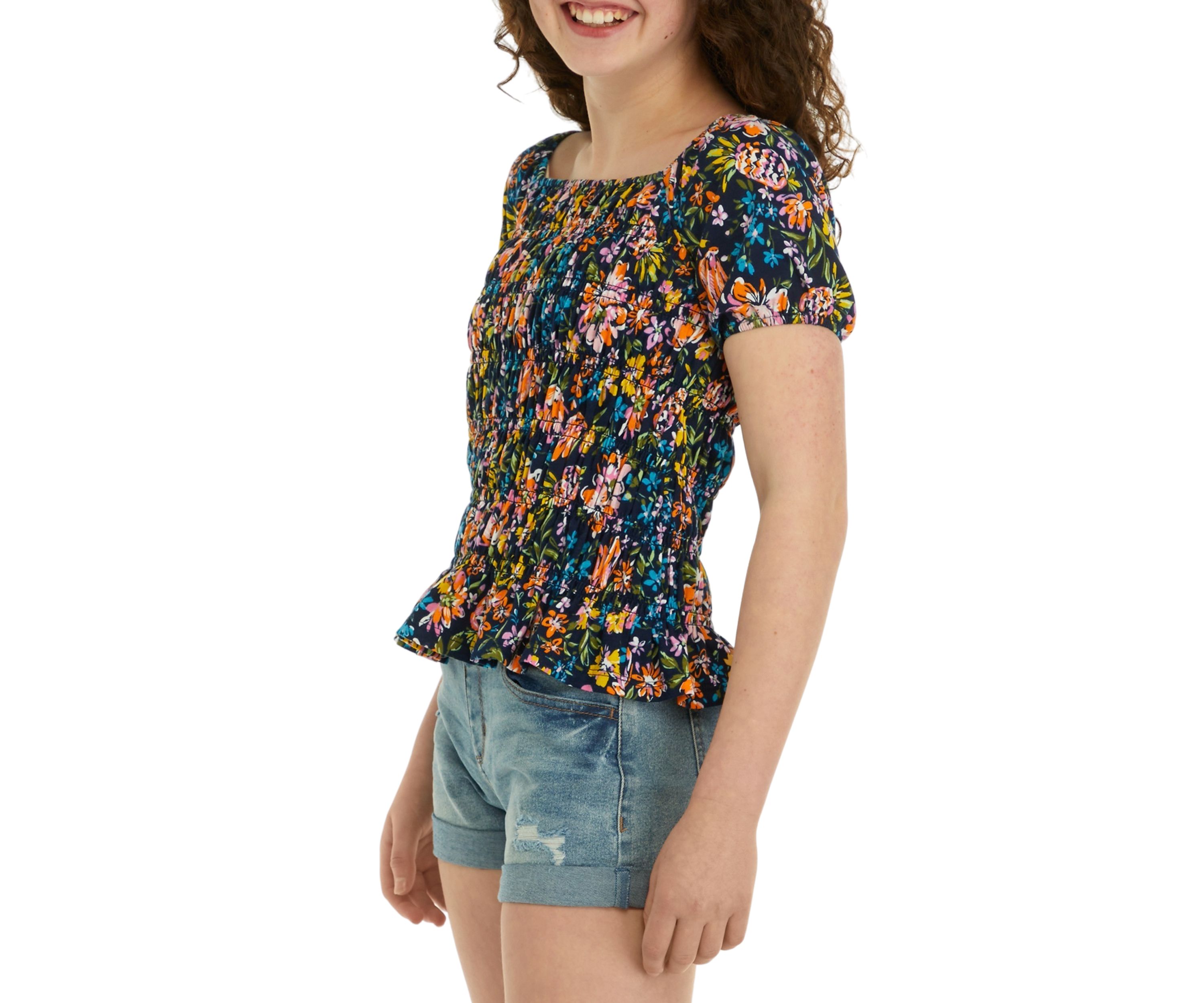 Girls 7-16 Short Sleeve Smocked Printed Knit Top