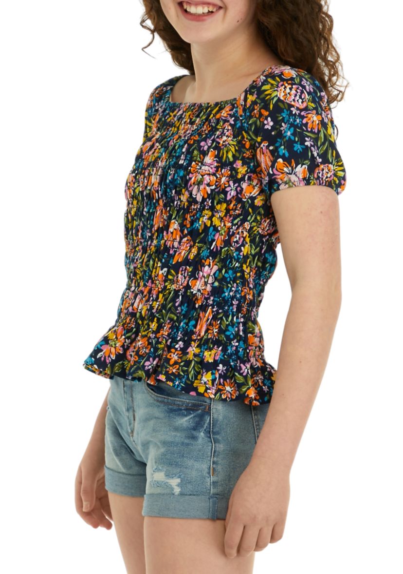 Girls 7-16 Short Sleeve Smocked Printed Knit Top