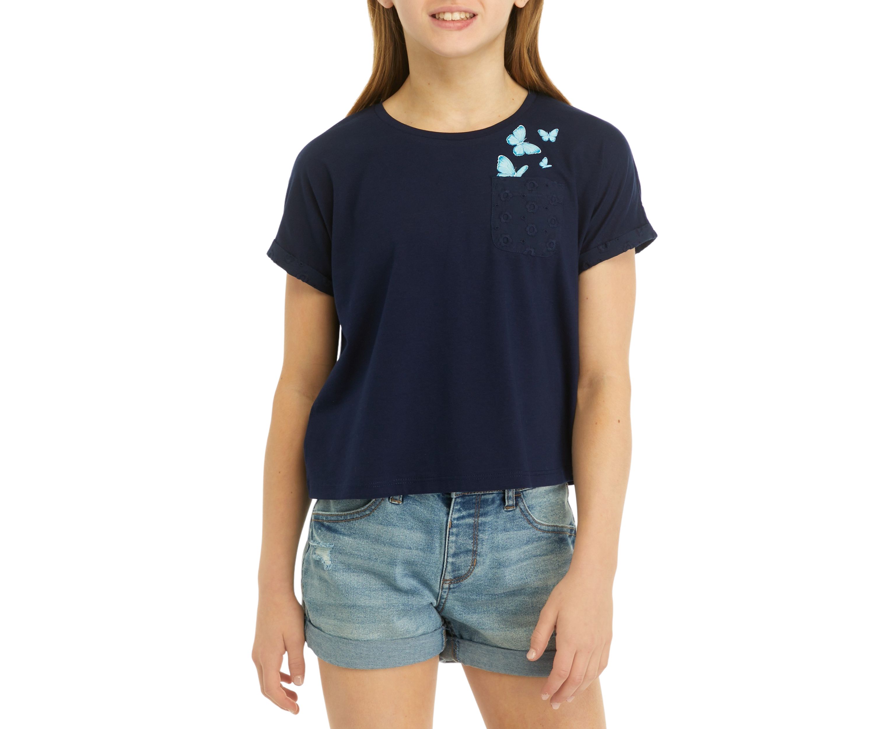 Girls 7-16 Short Sleeve Pocket Eyelet T-Shirt