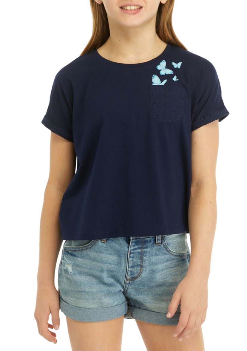 Girls 7-16 Short Sleeve Pocket Eyelet T-Shirt