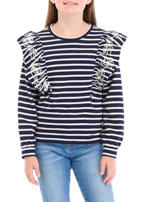 Crown & Ivy Girls 7-16 Ruffle Striped Sweatshirt, Navy Blue, Large