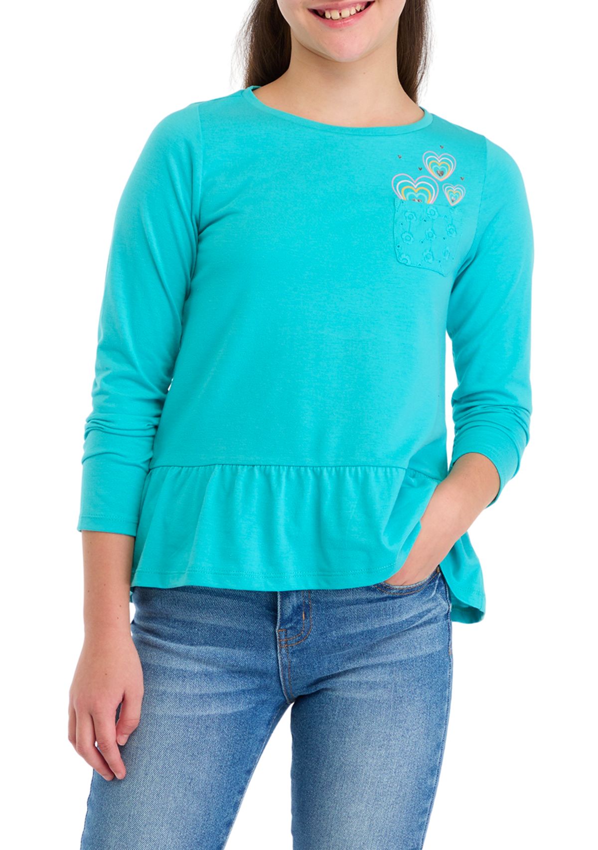 Girls 7-16 Long Sleeve Pocket Eyelet T-Shirt