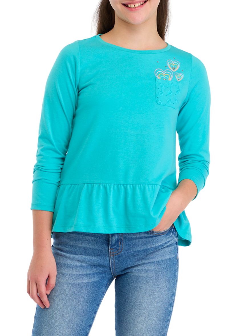 Girls 7-16 Long Sleeve Pocket Eyelet T-Shirt