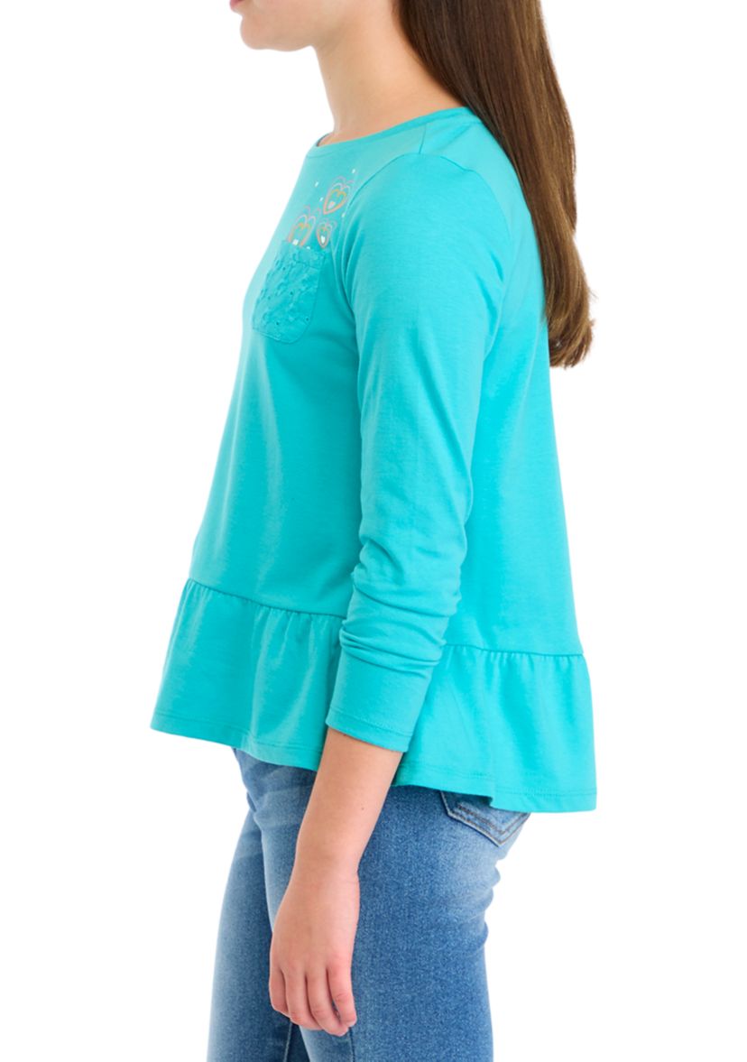 Girls 7-16 Long Sleeve Pocket Eyelet T-Shirt