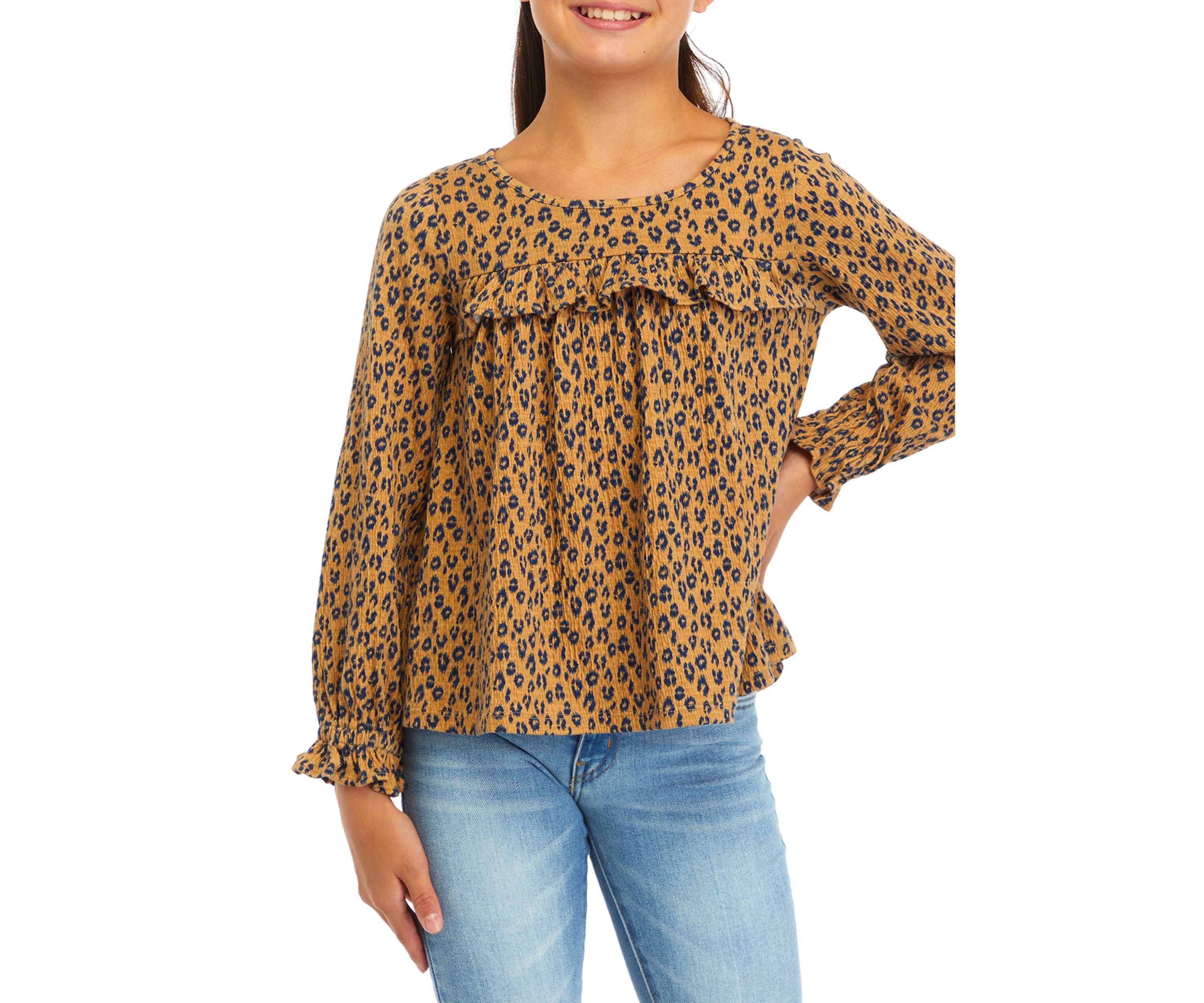 Girls 7-16 Printed Crinkle Knit Ruffle Top