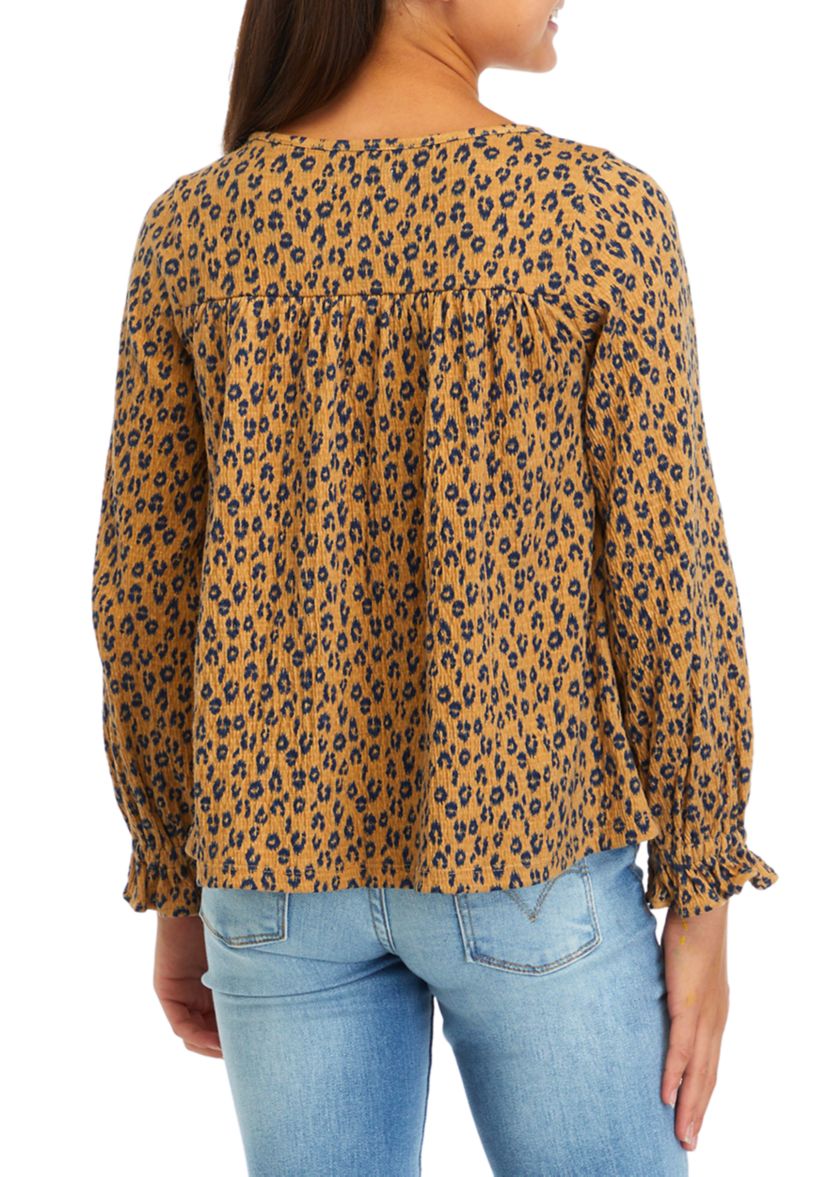 Girls 7-16 Printed Crinkle Knit Ruffle Top