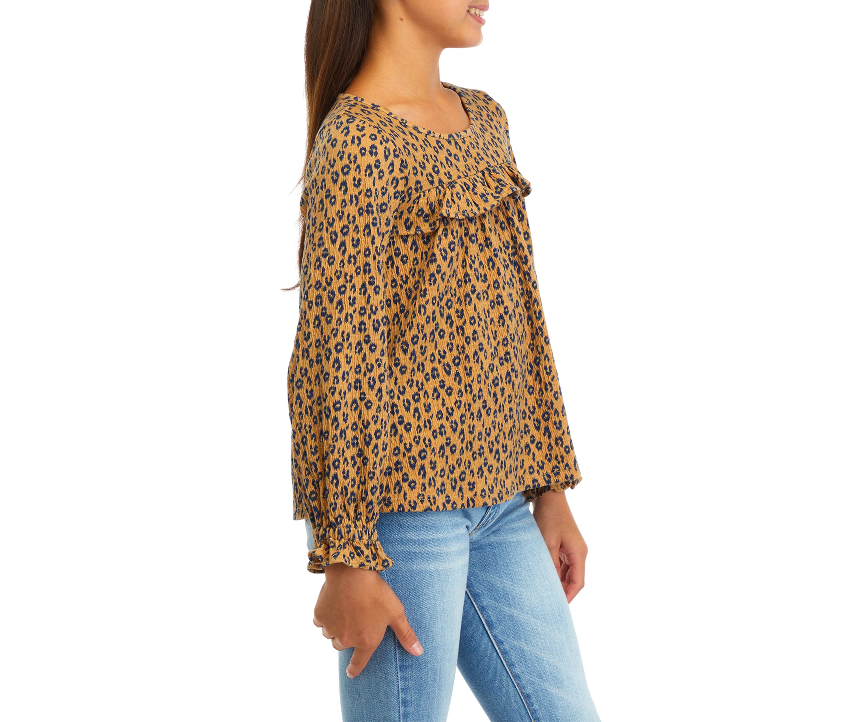 Girls 7-16 Printed Crinkle Knit Ruffle Top