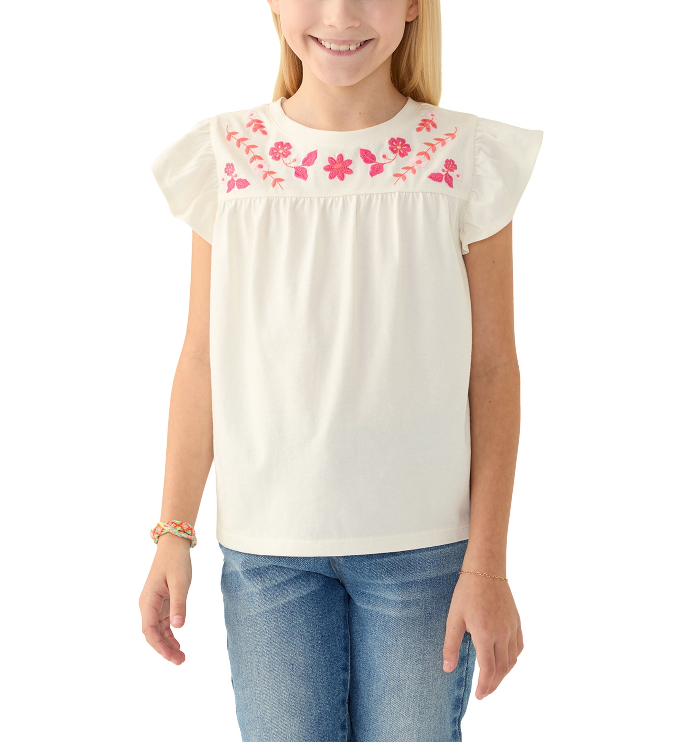 Girls 7-16 Flutter Sleeve Embroidered Top