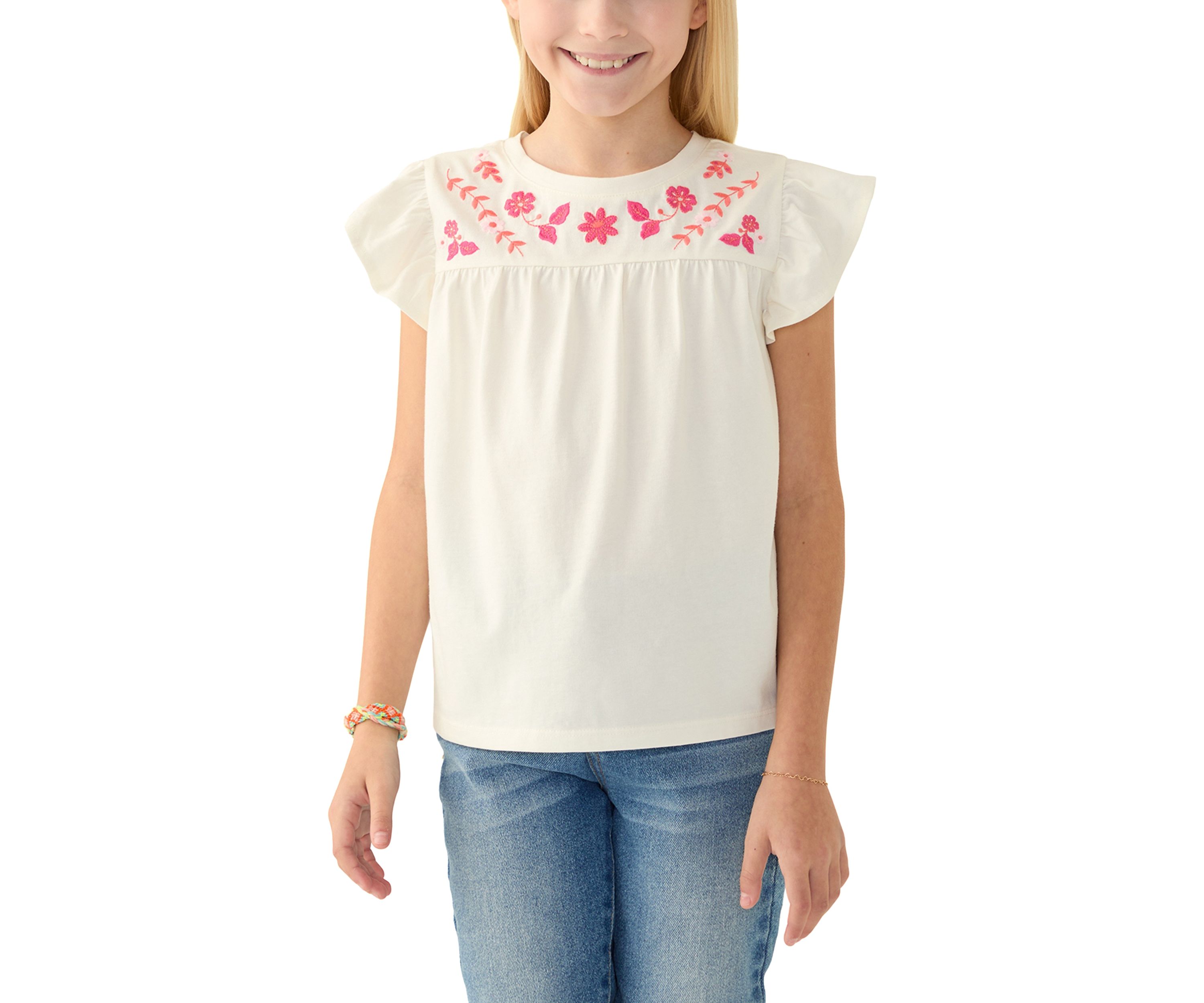 Girls 7-16 Flutter Sleeve Embroidered Top