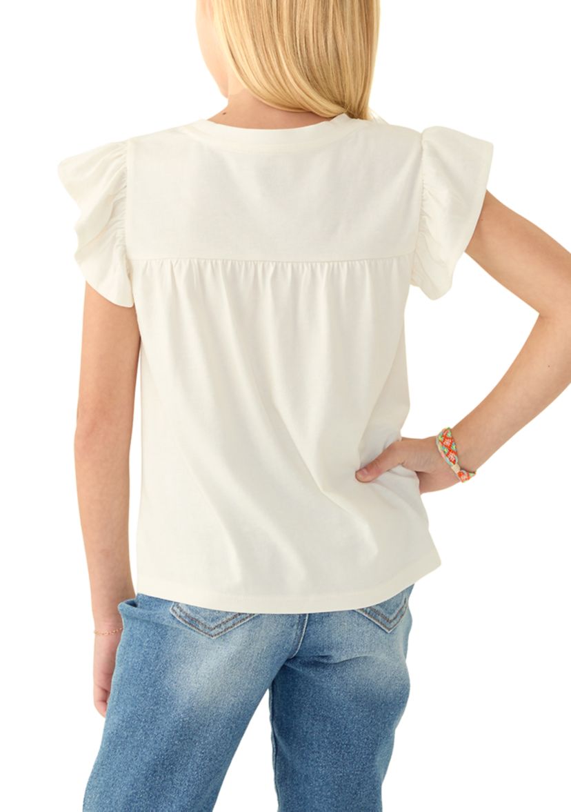 Girls 7-16 Flutter Sleeve Embroidered Top