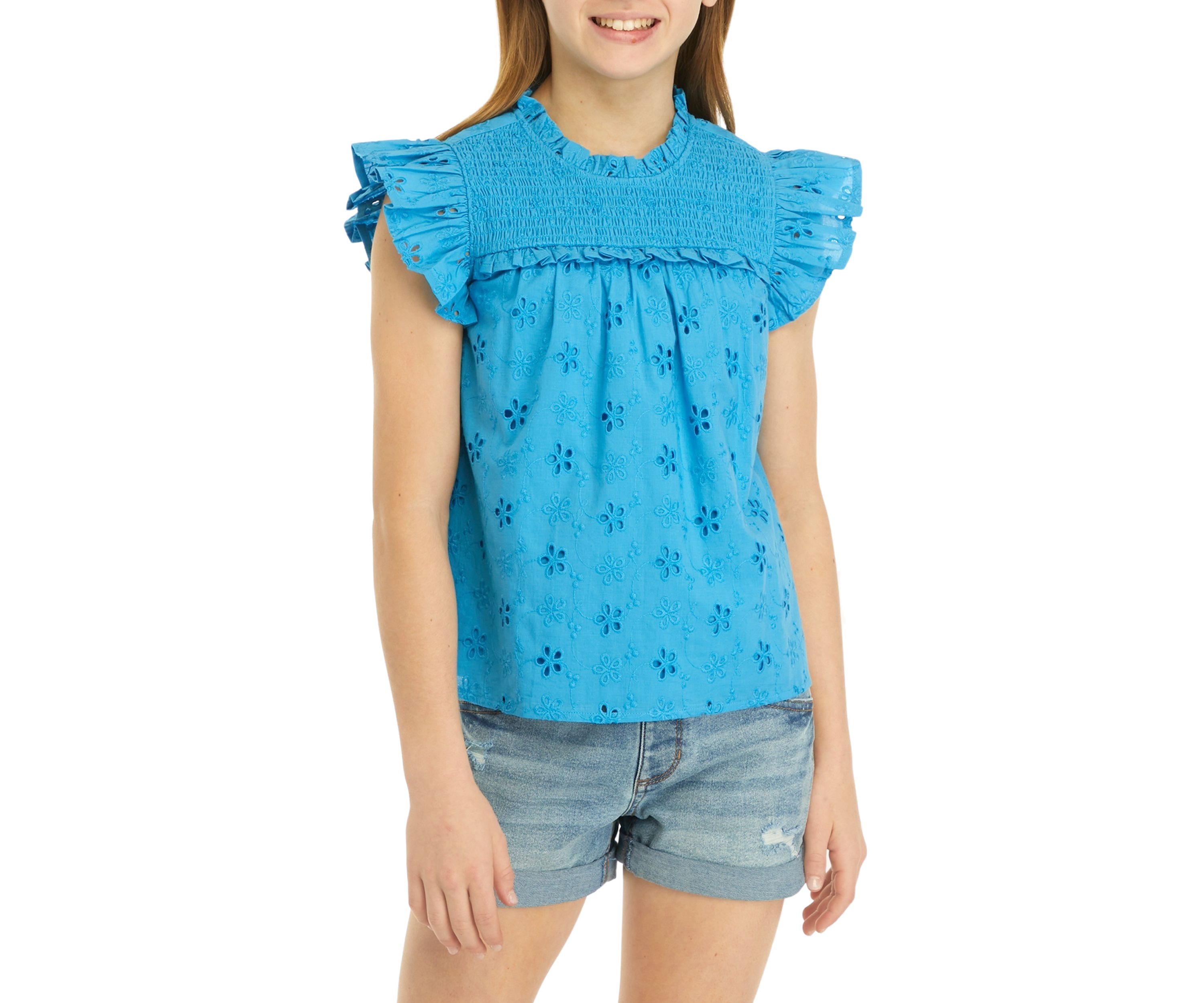 Girls 7-16 Eyelet High Neck Ruffle Top