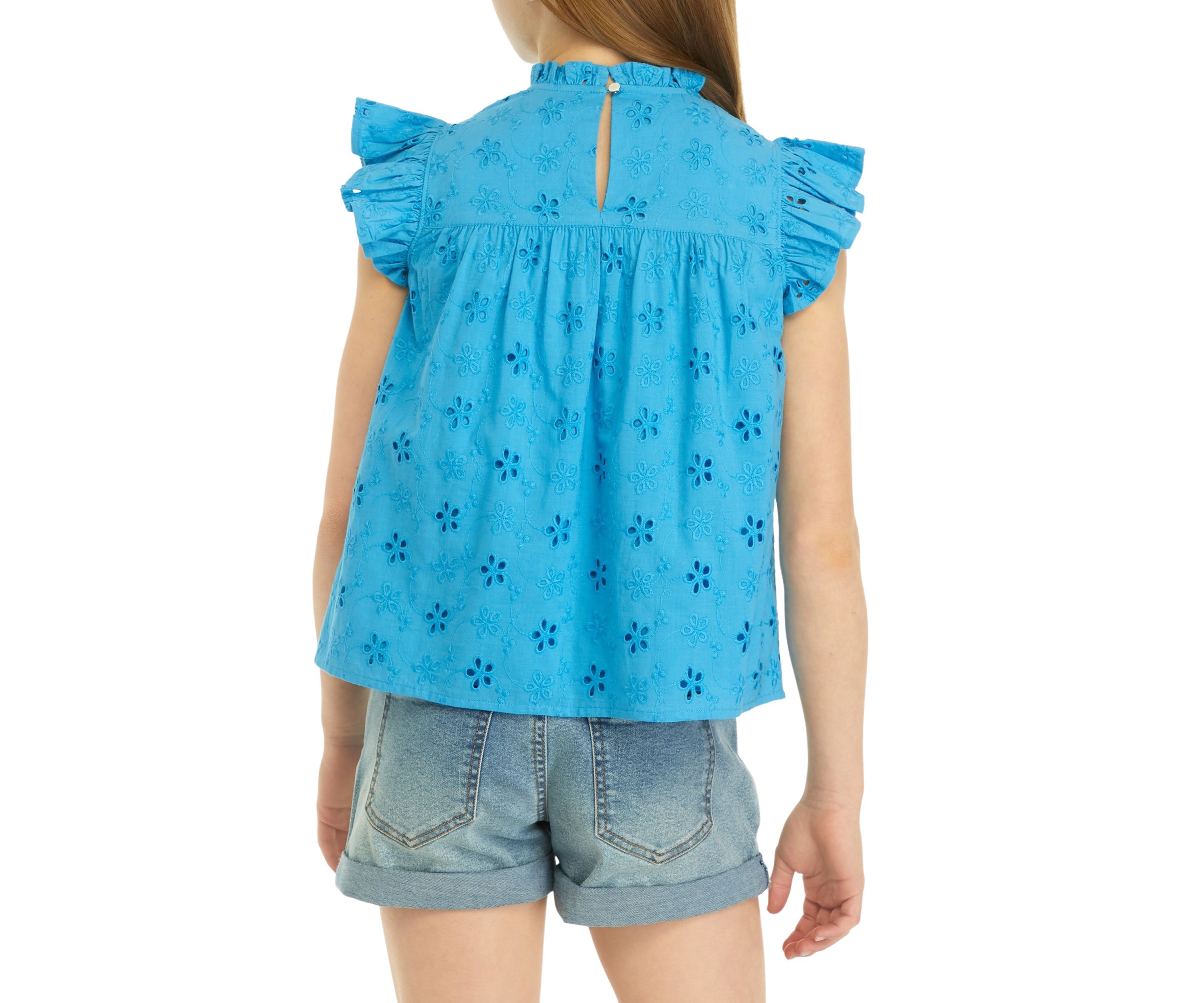 Girls 7-16 Eyelet High Neck Ruffle Top