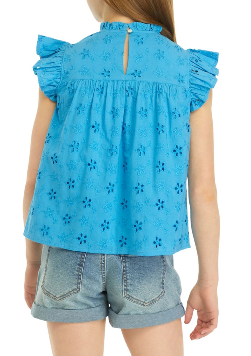 Girls 7-16 Eyelet High Neck Ruffle Top
