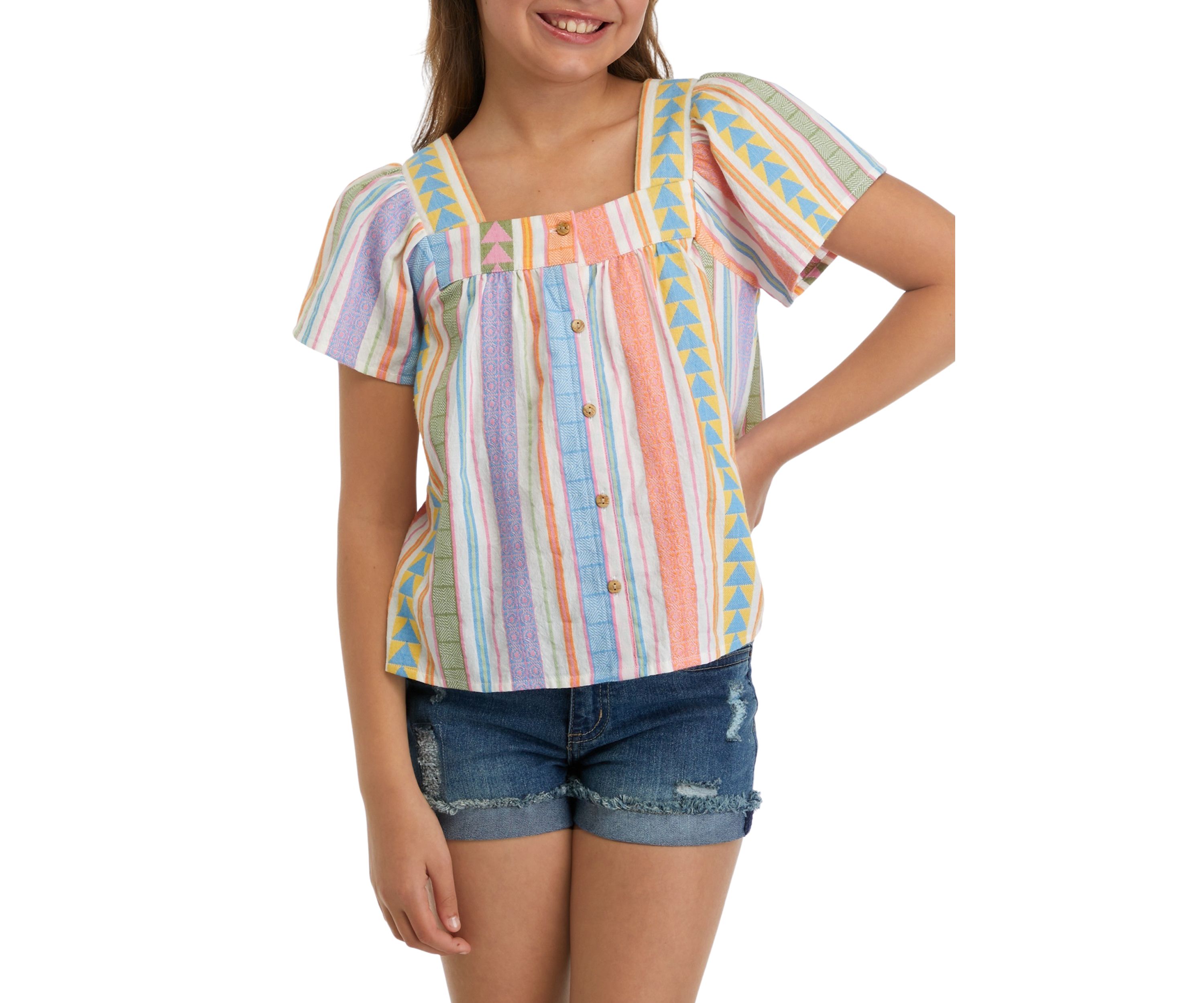 Girls 7-16 Jacquard Button Front Embroidered Stripe Top