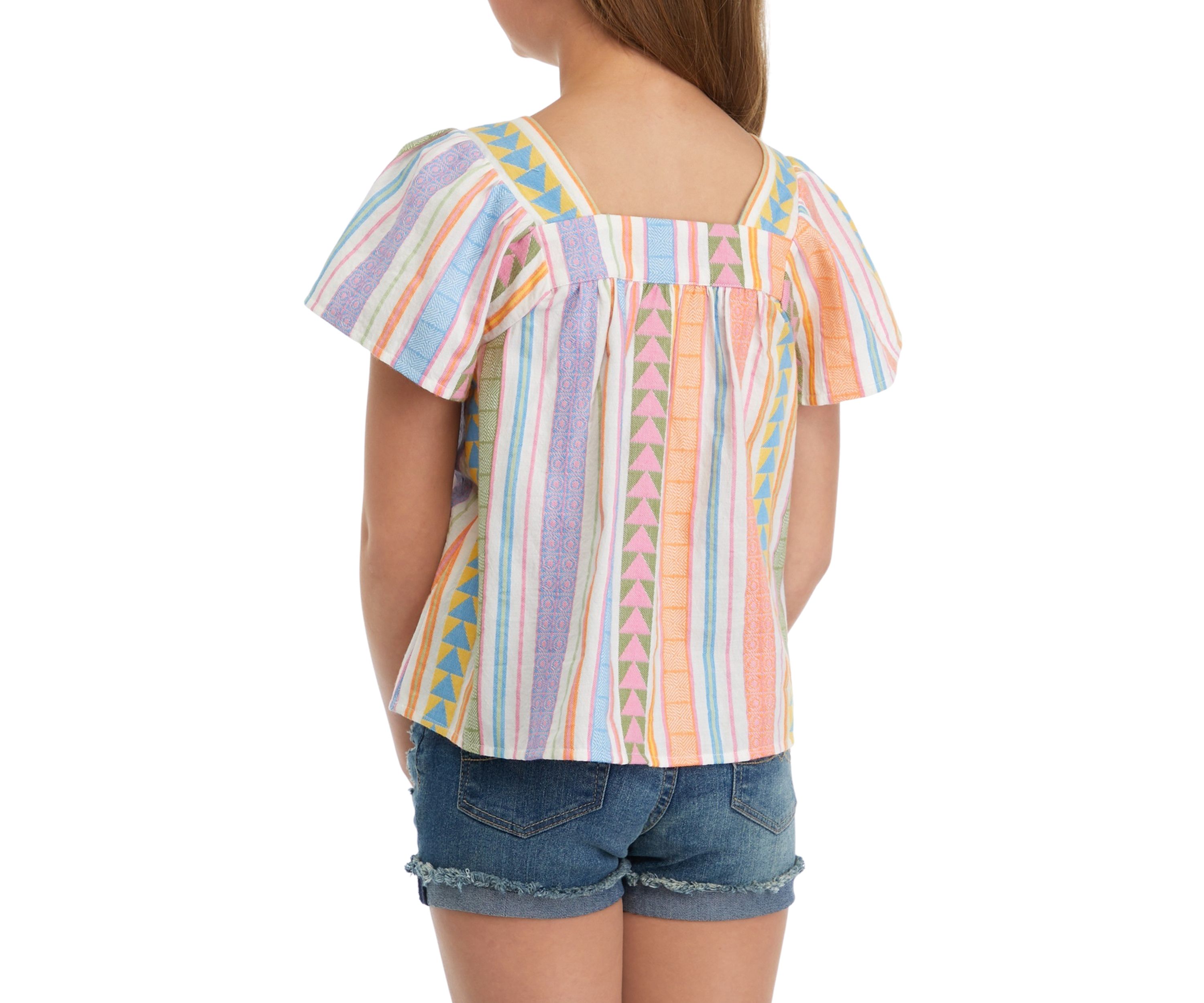 Girls 7-16 Jacquard Button Front Embroidered Stripe Top