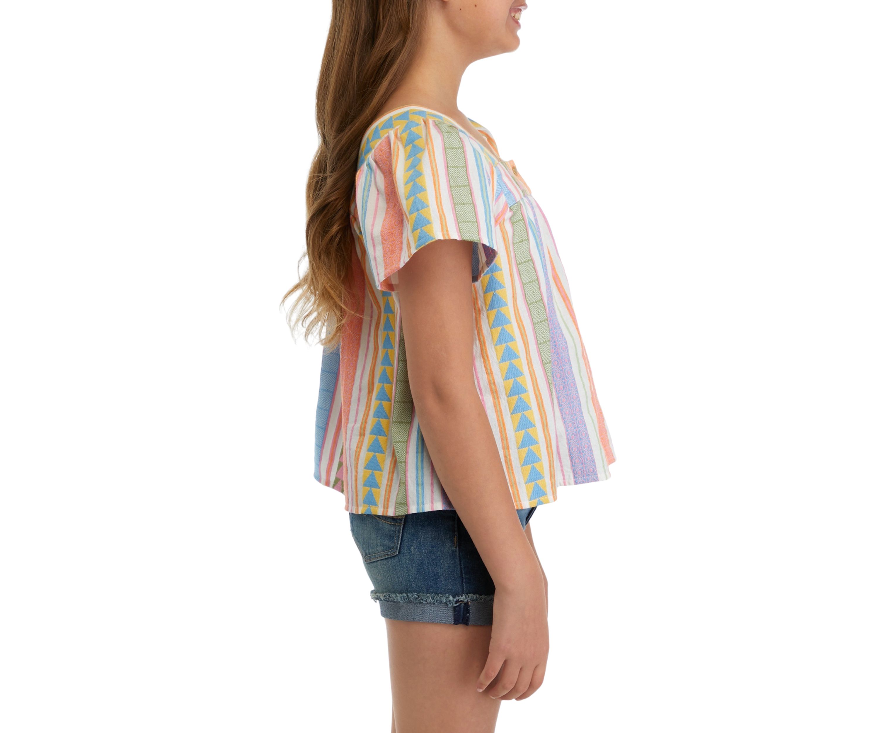 Girls 7-16 Jacquard Button Front Embroidered Stripe Top