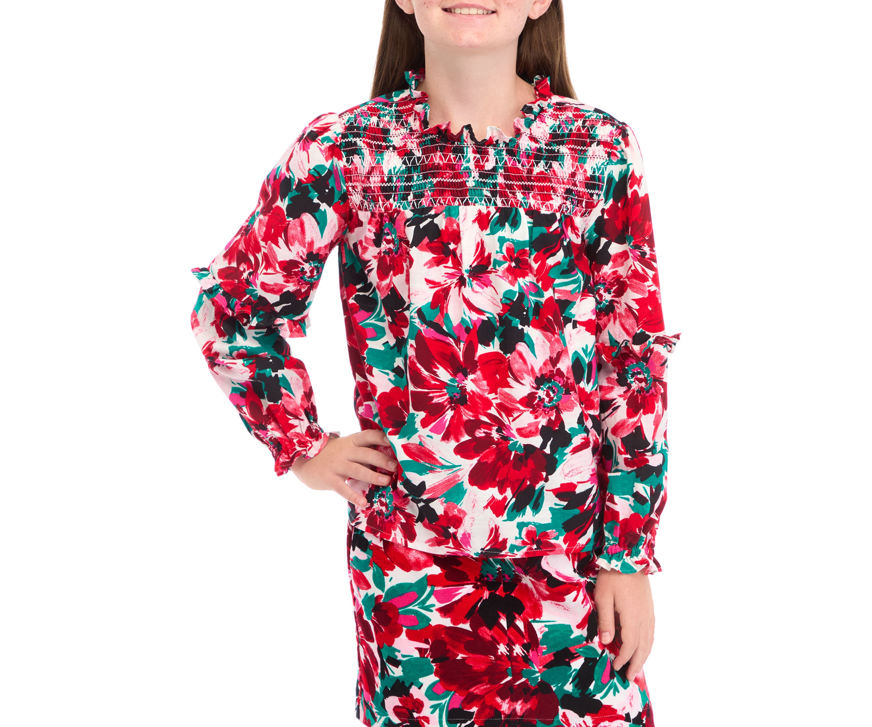 Girls 7-16 Smocked Printed Top