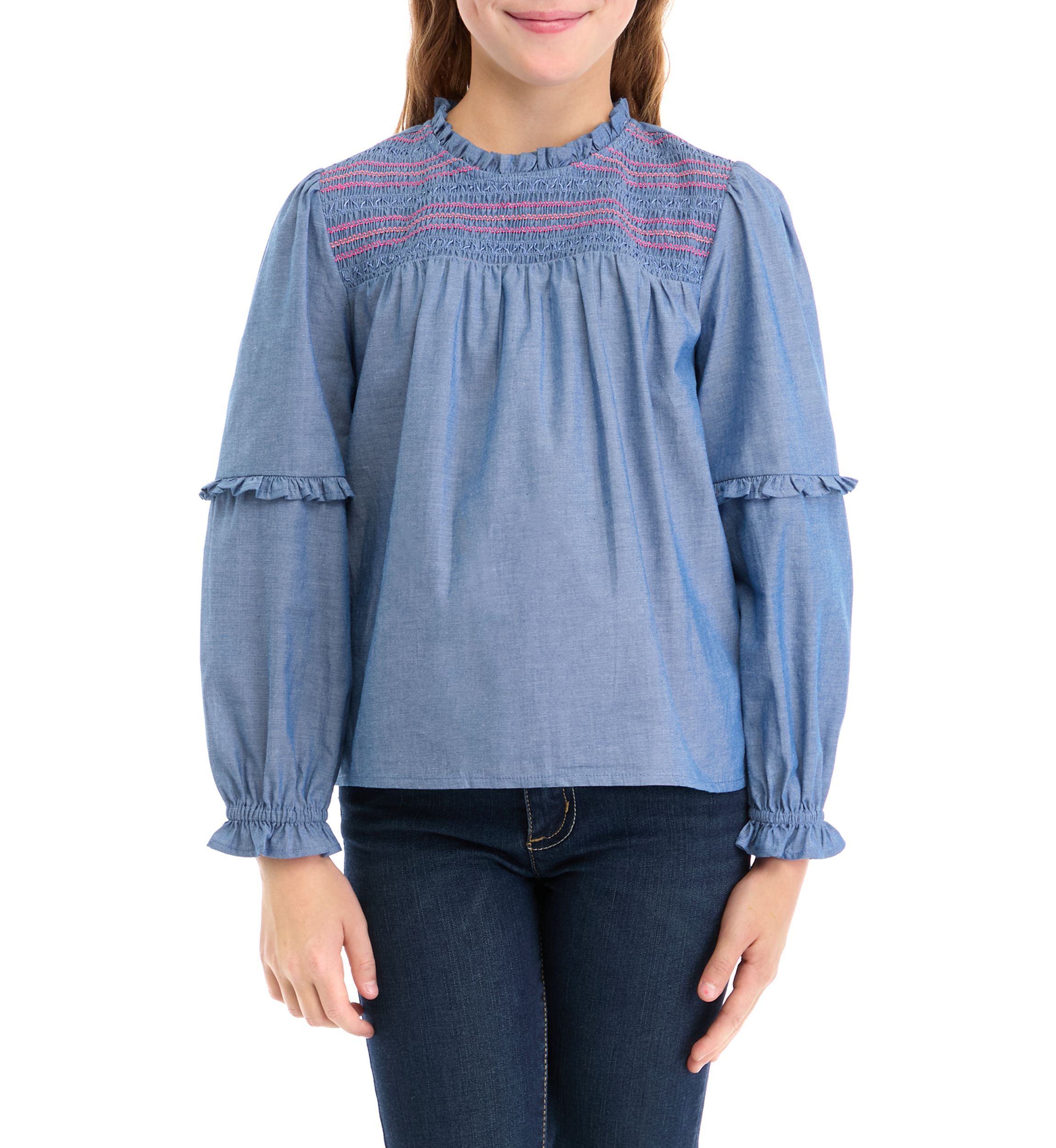 Girls 7-16 Chambray Smocked Ruffle Top
