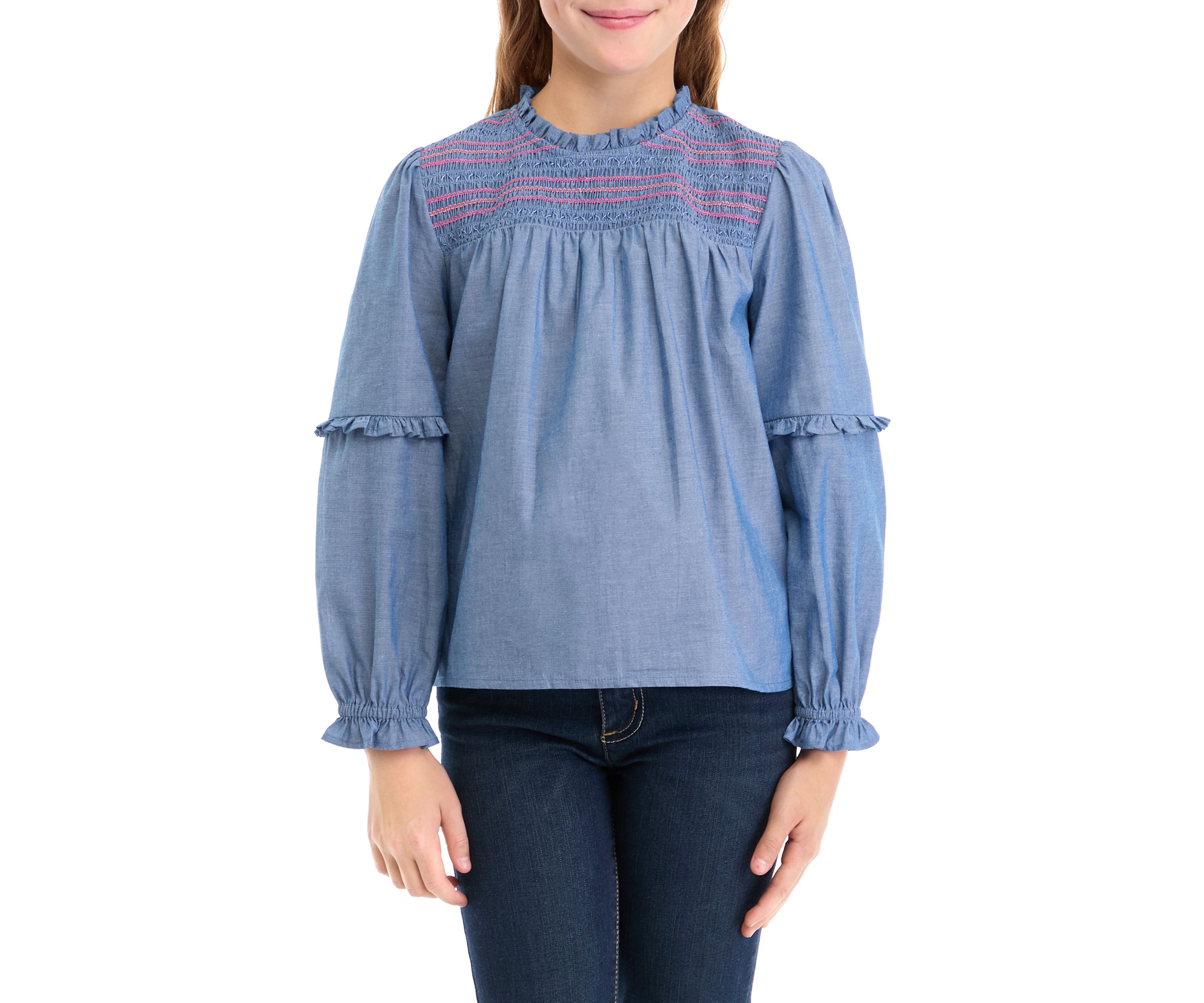 Girls 7-16 Chambray Smocked Ruffle Top