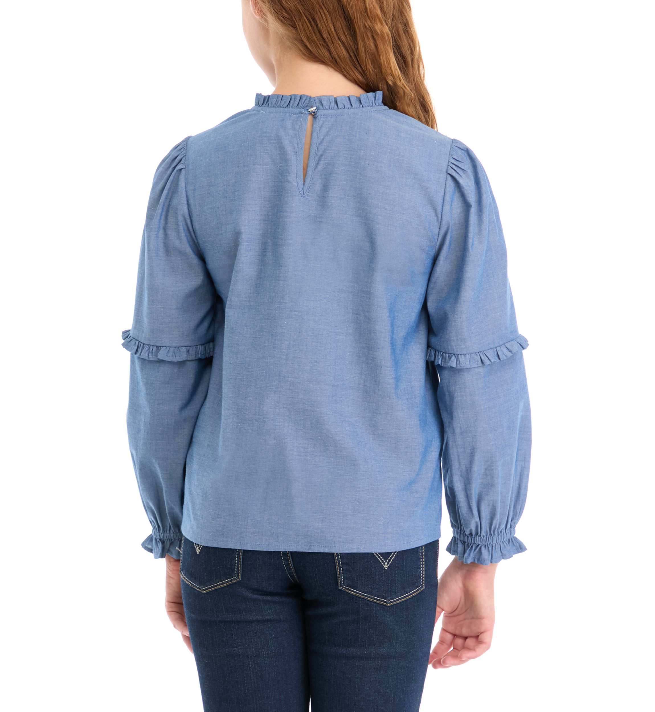 Girls 7-16 Chambray Smocked Ruffle Top