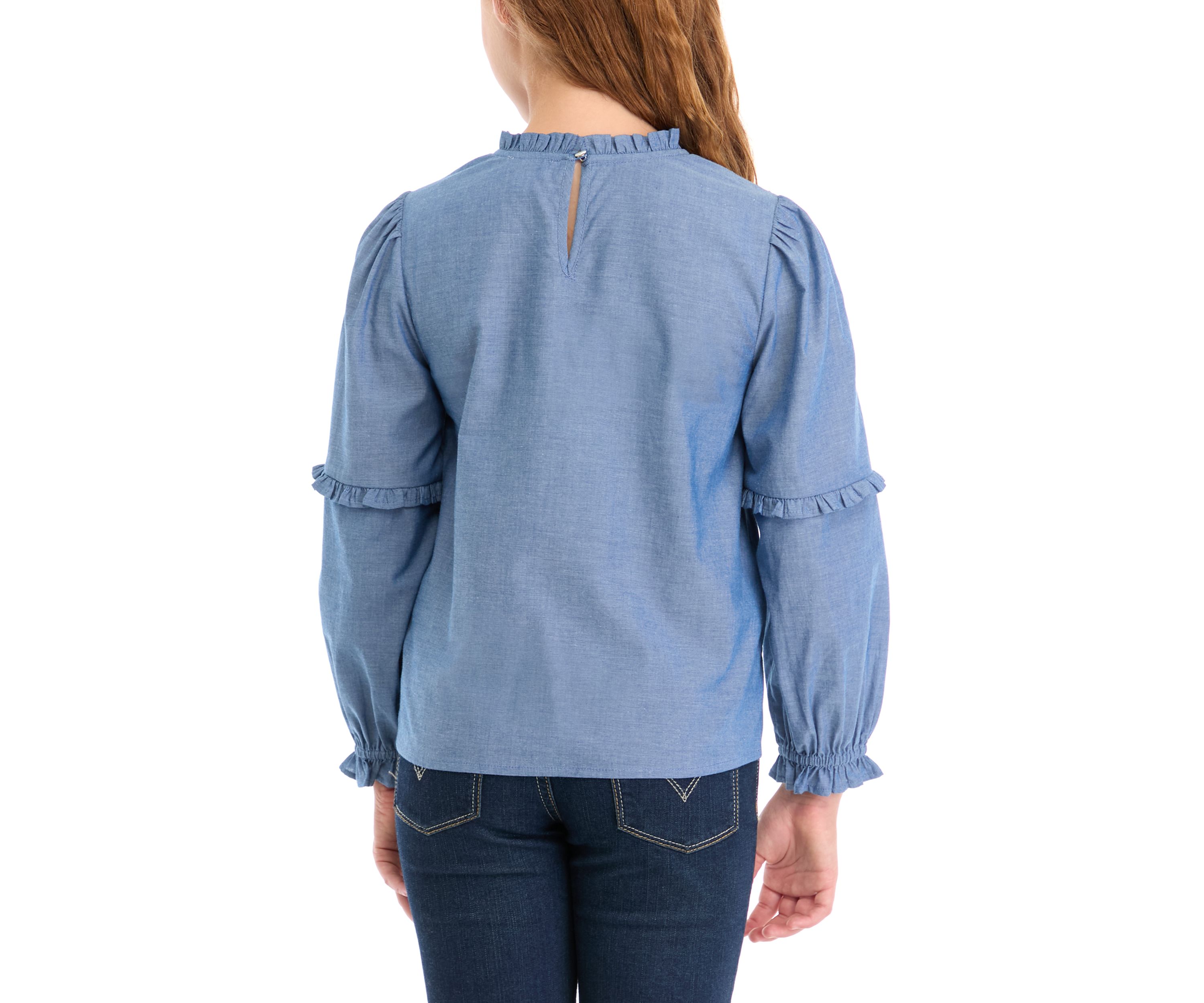 Girls 7-16 Chambray Smocked Ruffle Top