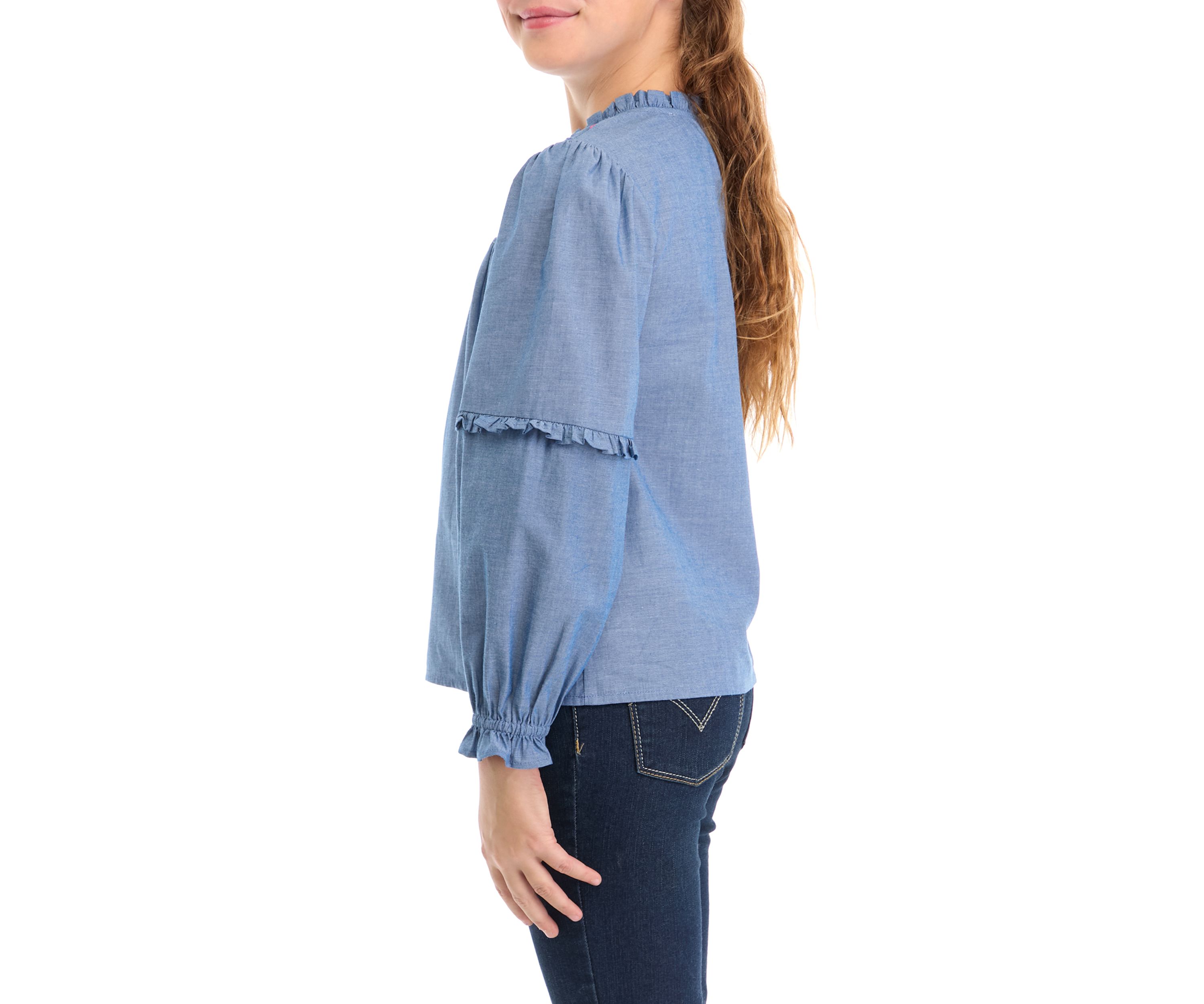 Girls 7-16 Chambray Smocked Ruffle Top