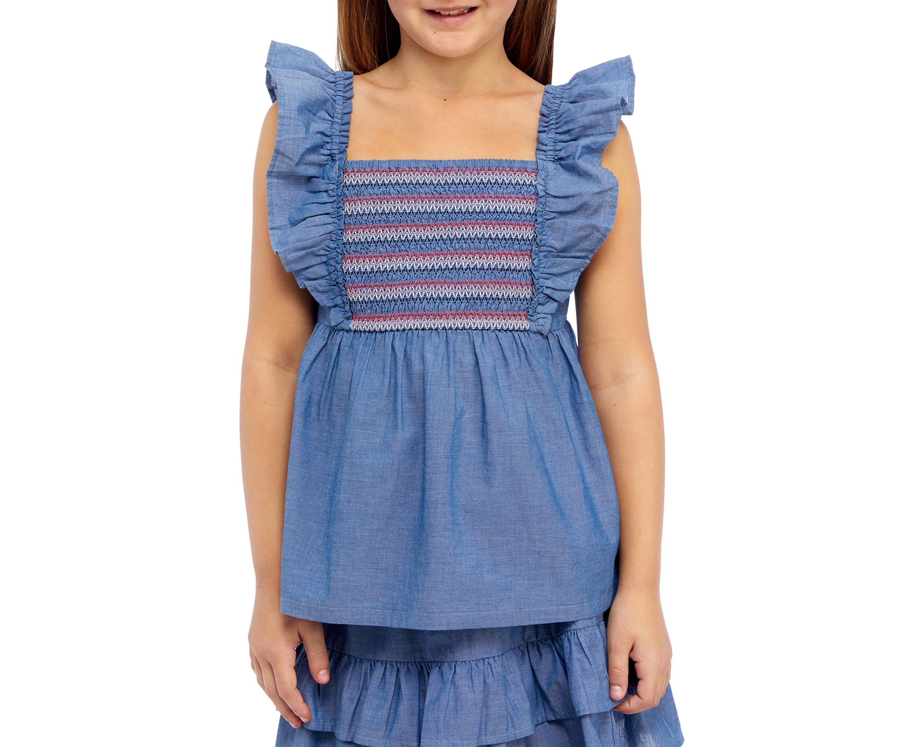 Girls 7-16 Chambray Smocked Top