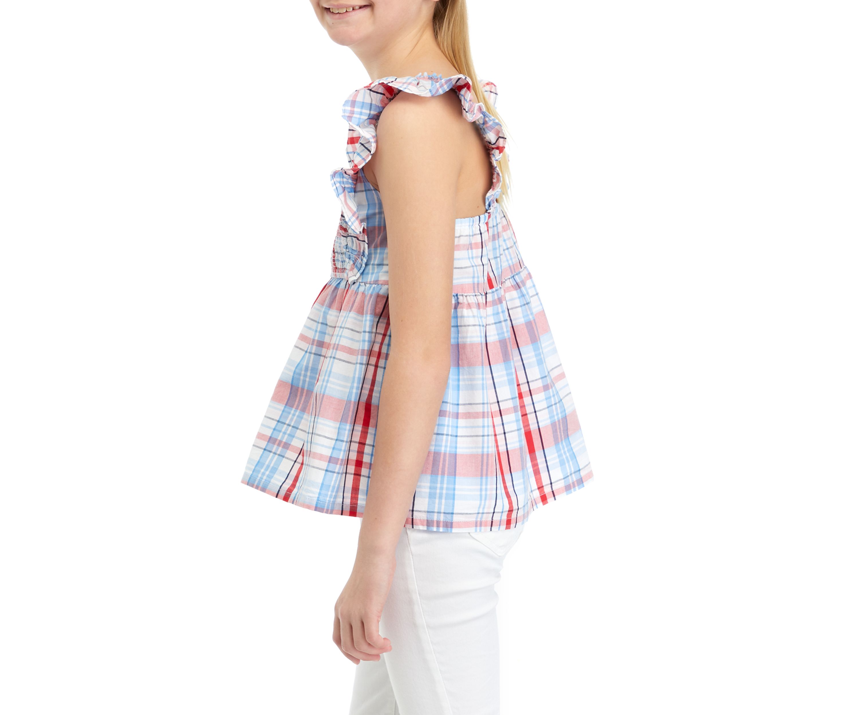 Girls 7-16 Printed Smocked Flutter Sleeve Top