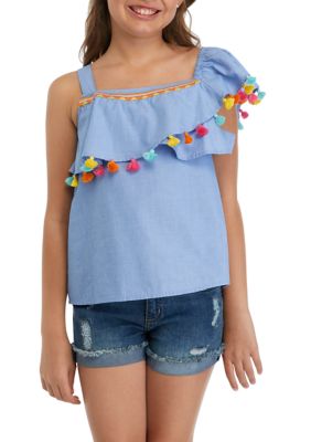 Crown & Ivy Girls 7-16 Pom One Shoulder Top, XL